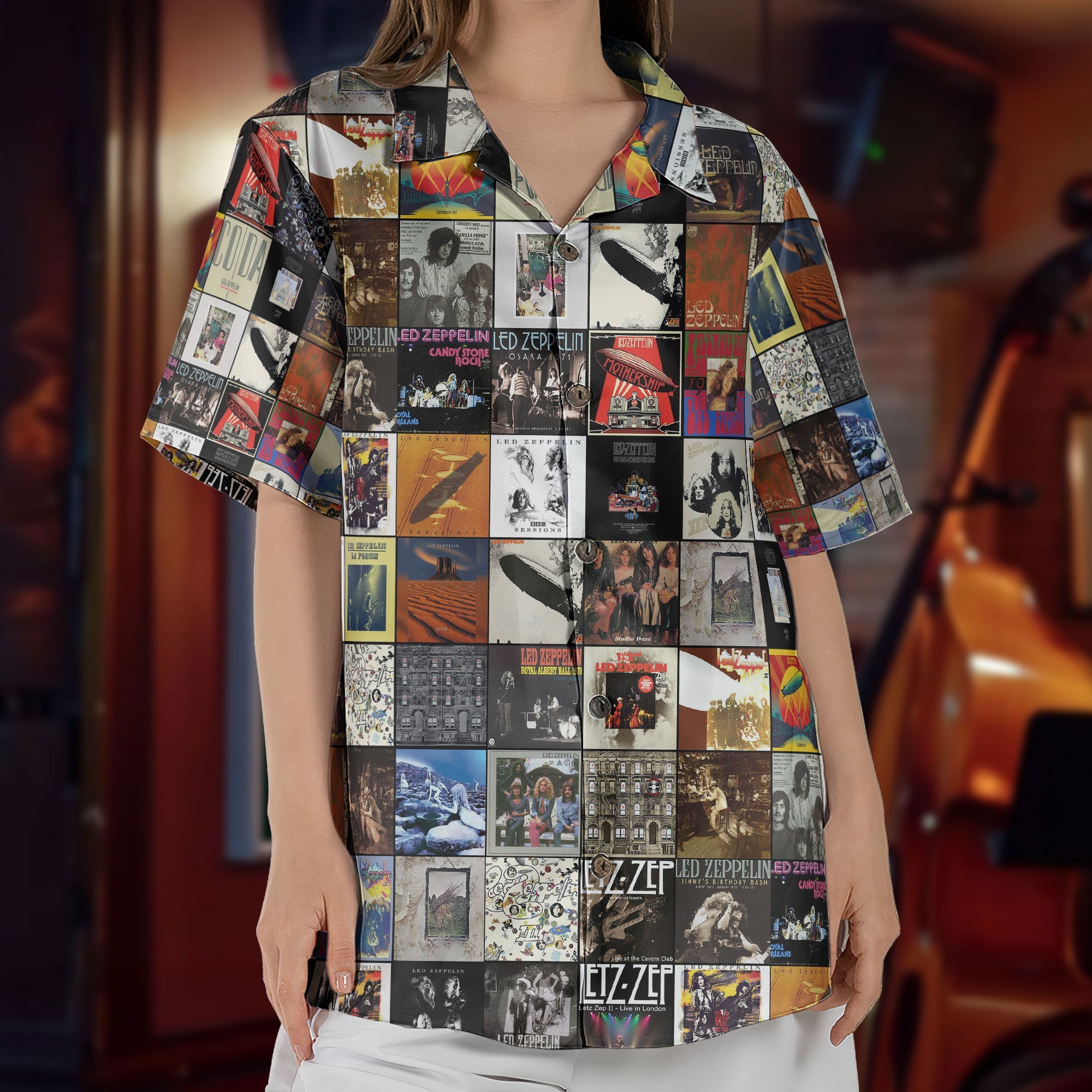 Led Zeppelin Album Cover Hawaiian Shirt - Unisex Retro Physical Graffiti Mothership Collage Grid Button Up