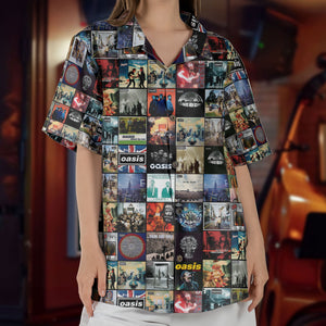 Oasis Band Album Cover Collage Hawaiian Shirt - Unisex 90s British Rock Concert Summer Button Up