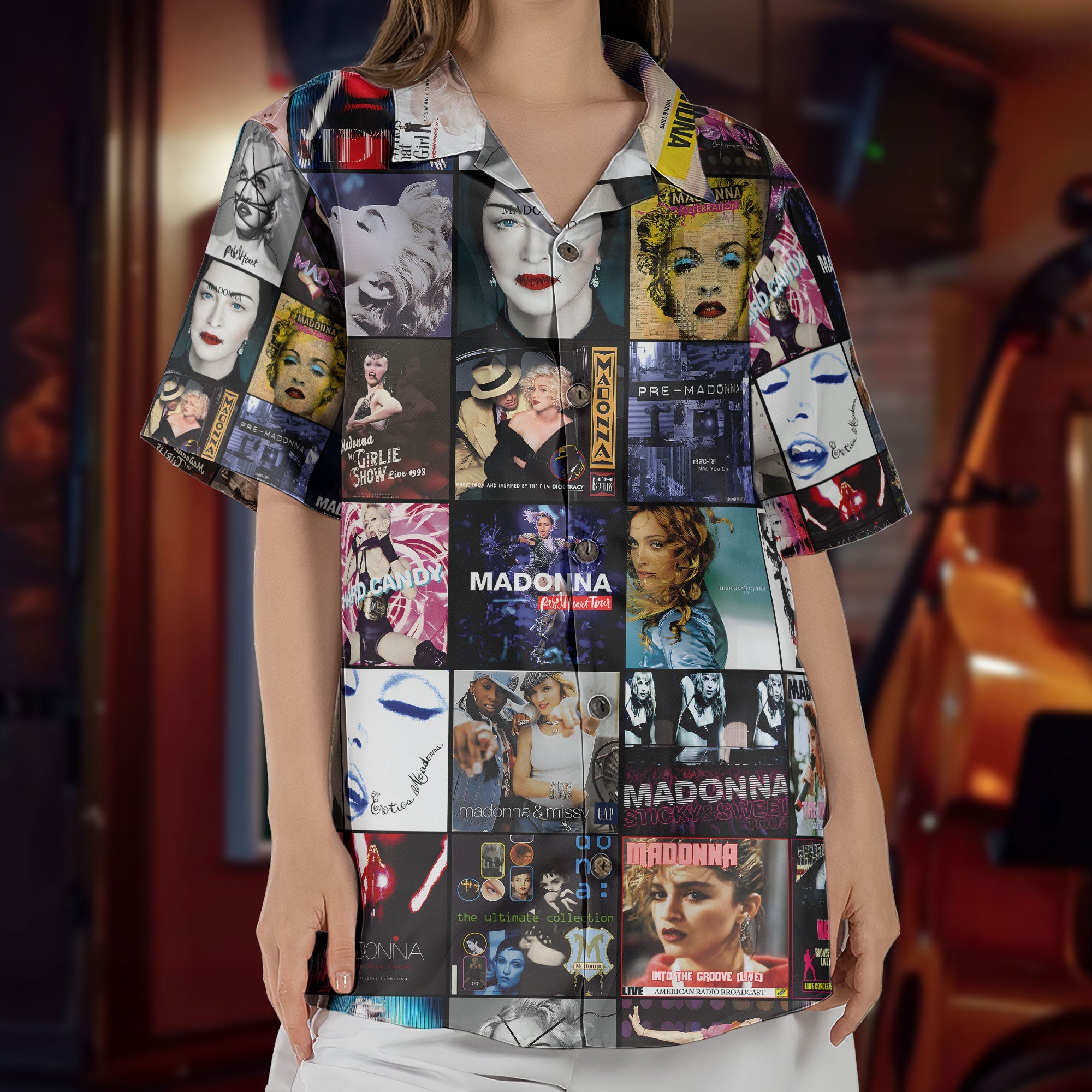 Madonna Album Collage Hawaiian Shirt – Retro Music Album Art Inspired Shirt