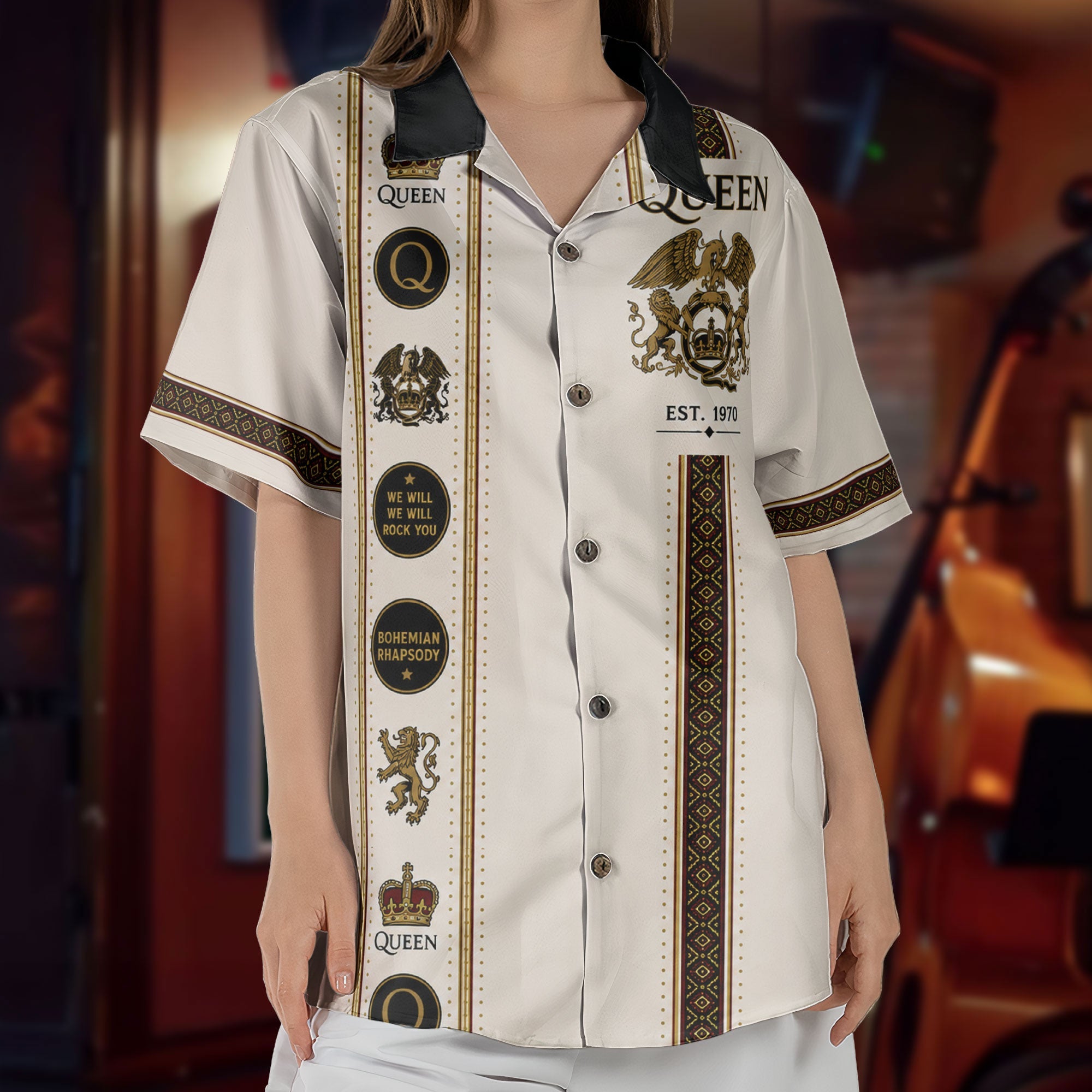 Queen Hawaiian Shirt - Unisex Mexican Style Royal Crest Vertical Stripe Button Up