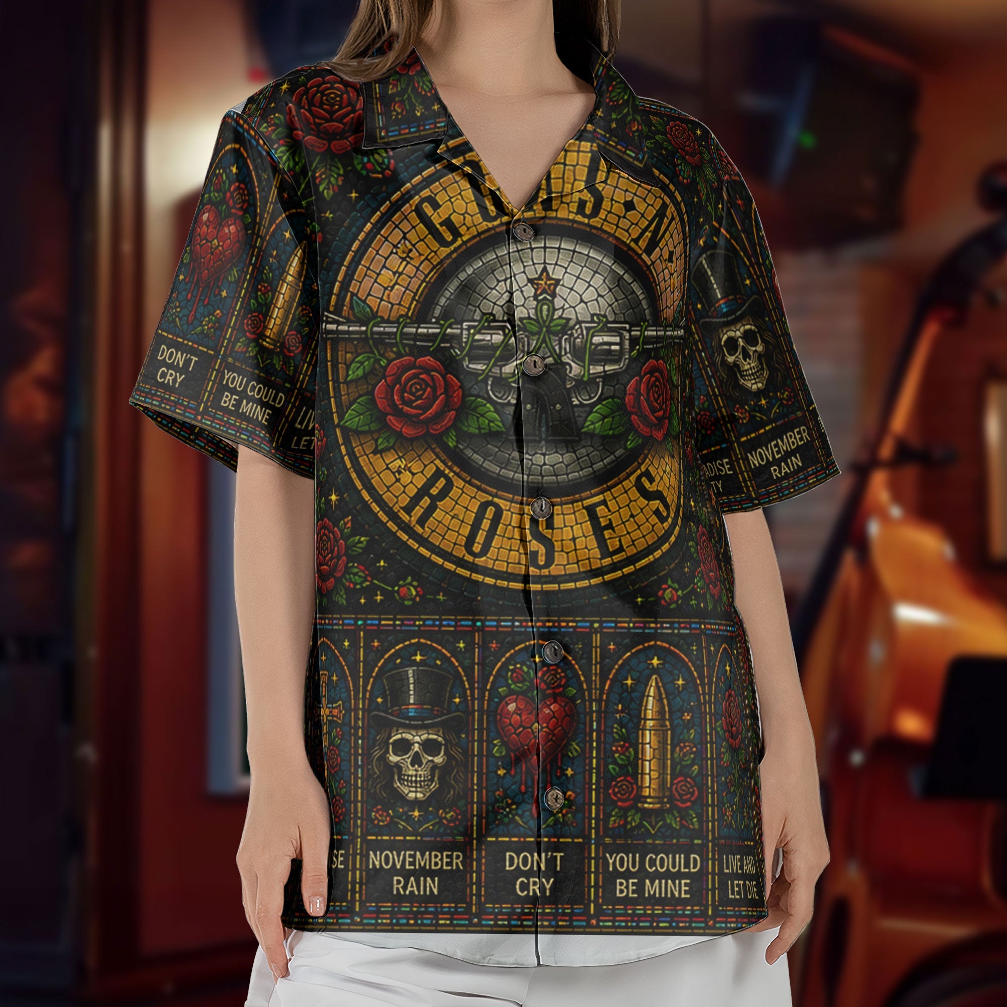 Guns N Roses Hawaiian Shirt - Unisex Retro Bullet Logo Cathedral Window Button Up