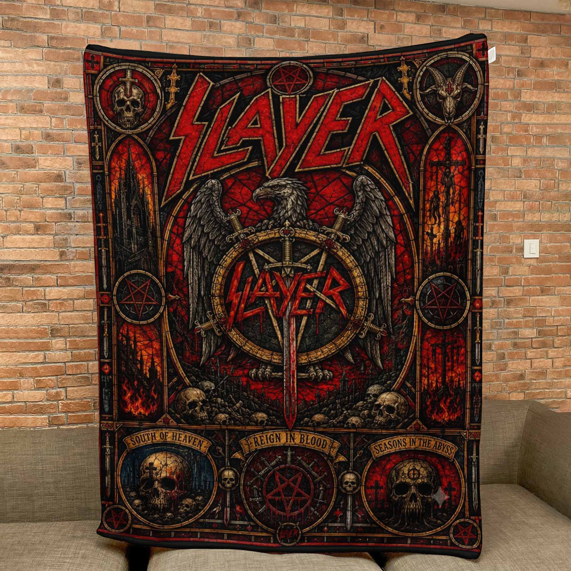 Slayer Band Sherpa Blanket Reign In Blood Stained Glass Thrash Metal Throw Blanket