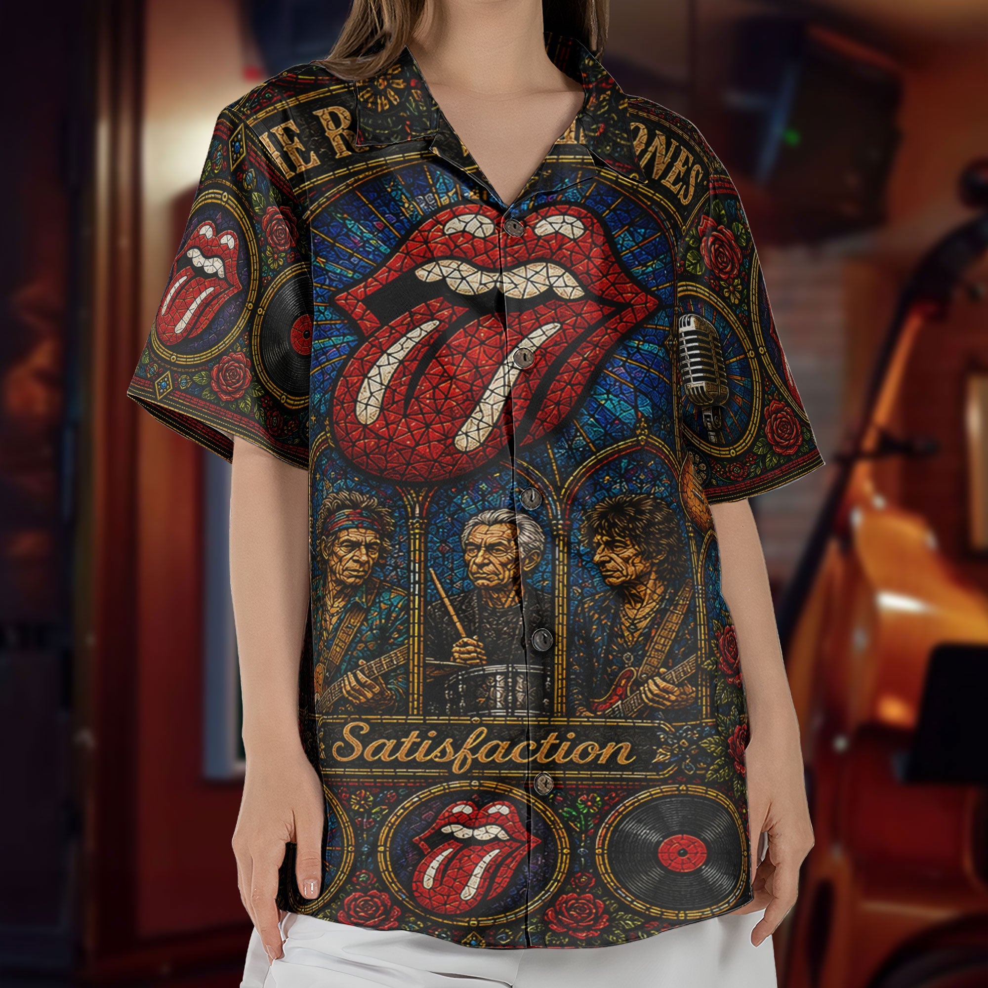 The Rolling Stones Gothic Stained Glass Hawaiian Shirt - Unisex Rock N Roll Concert Summer Button Up