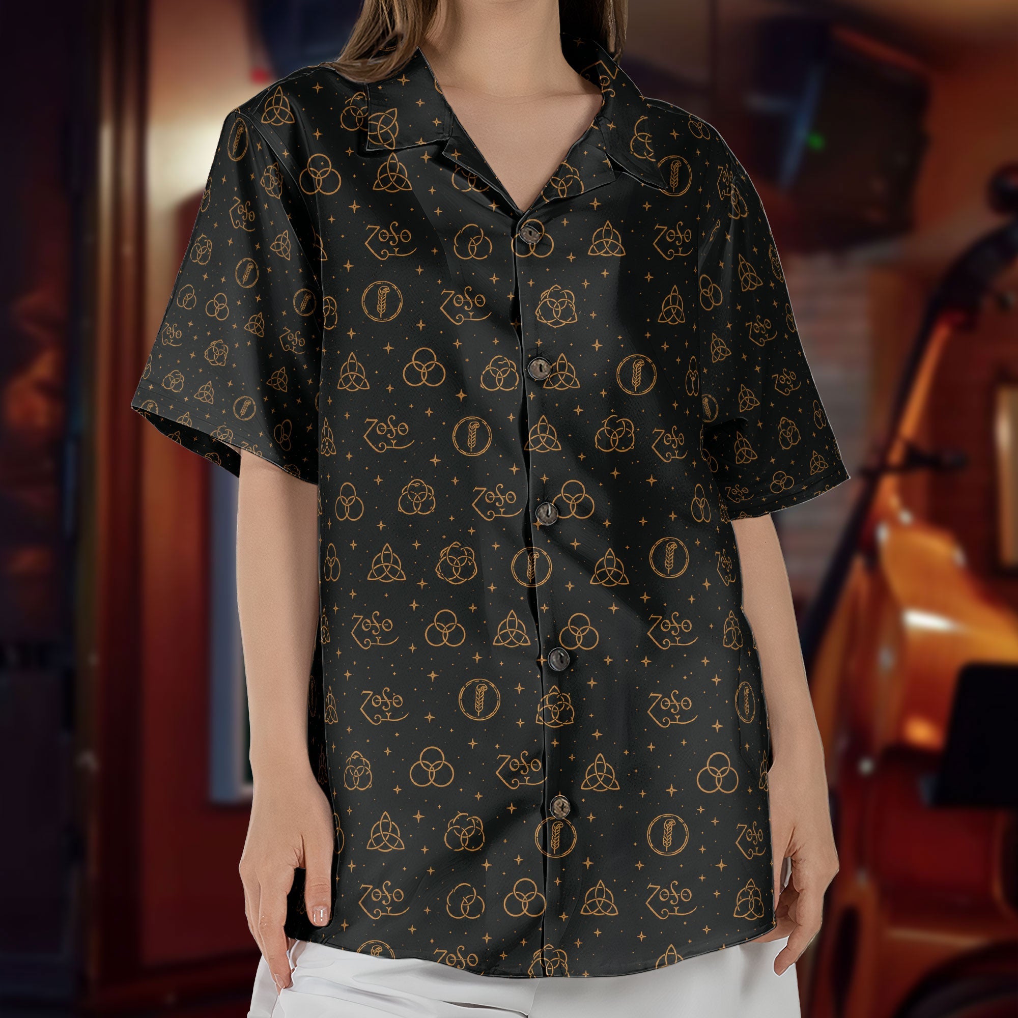 Led Zeppelin Four Symbols ZoSo Black Gold Monogram Hawaiian Shirt – Retro Music Album Art Inspired Unisex Shirt