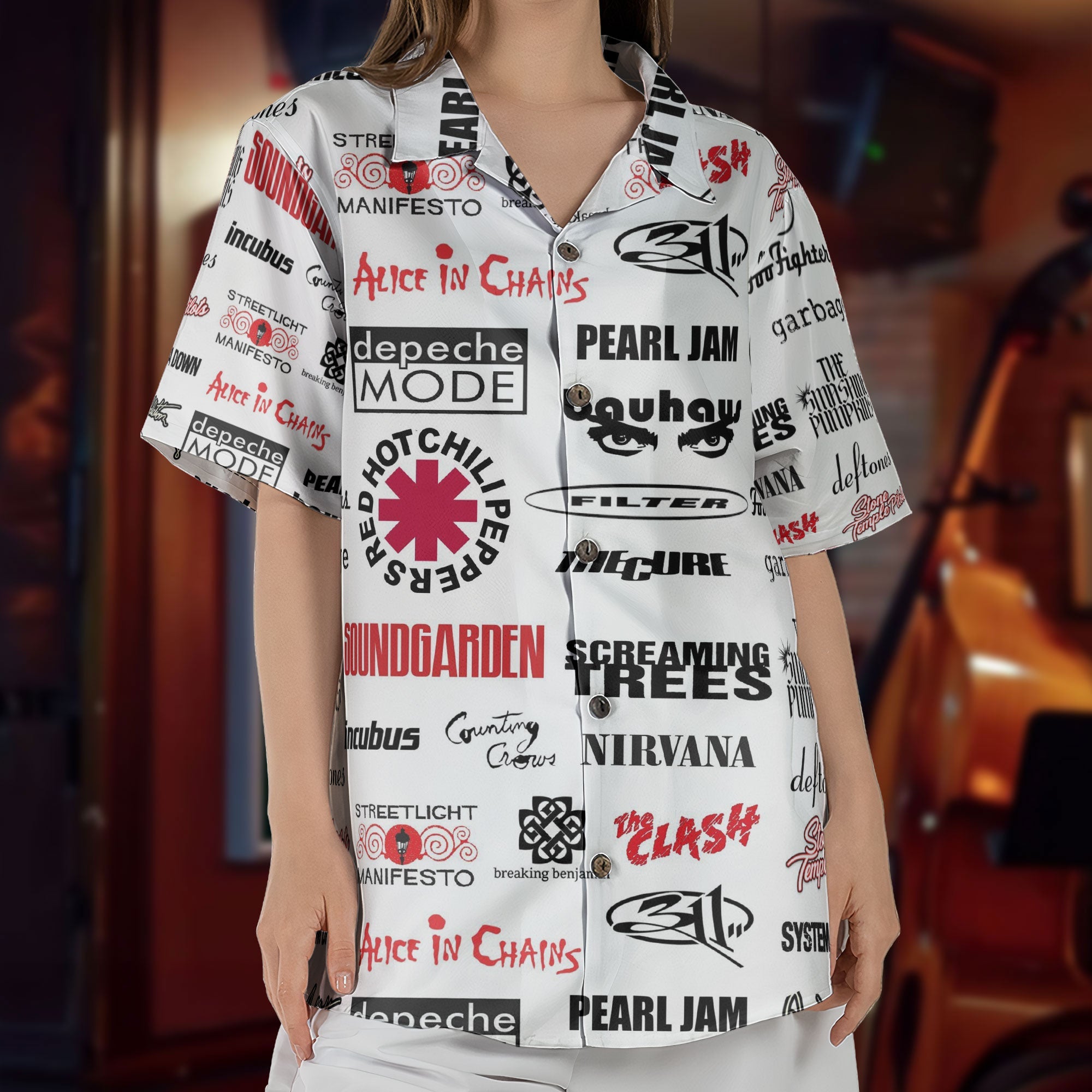 Grunge Rock Band Retro Rock Concert White Summer Button Up Hawaiian Shirt – Retro Music Album Art Inspired Unisex Shirt
