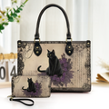Mystic Black Cat Leather Handbag & Wallet Set