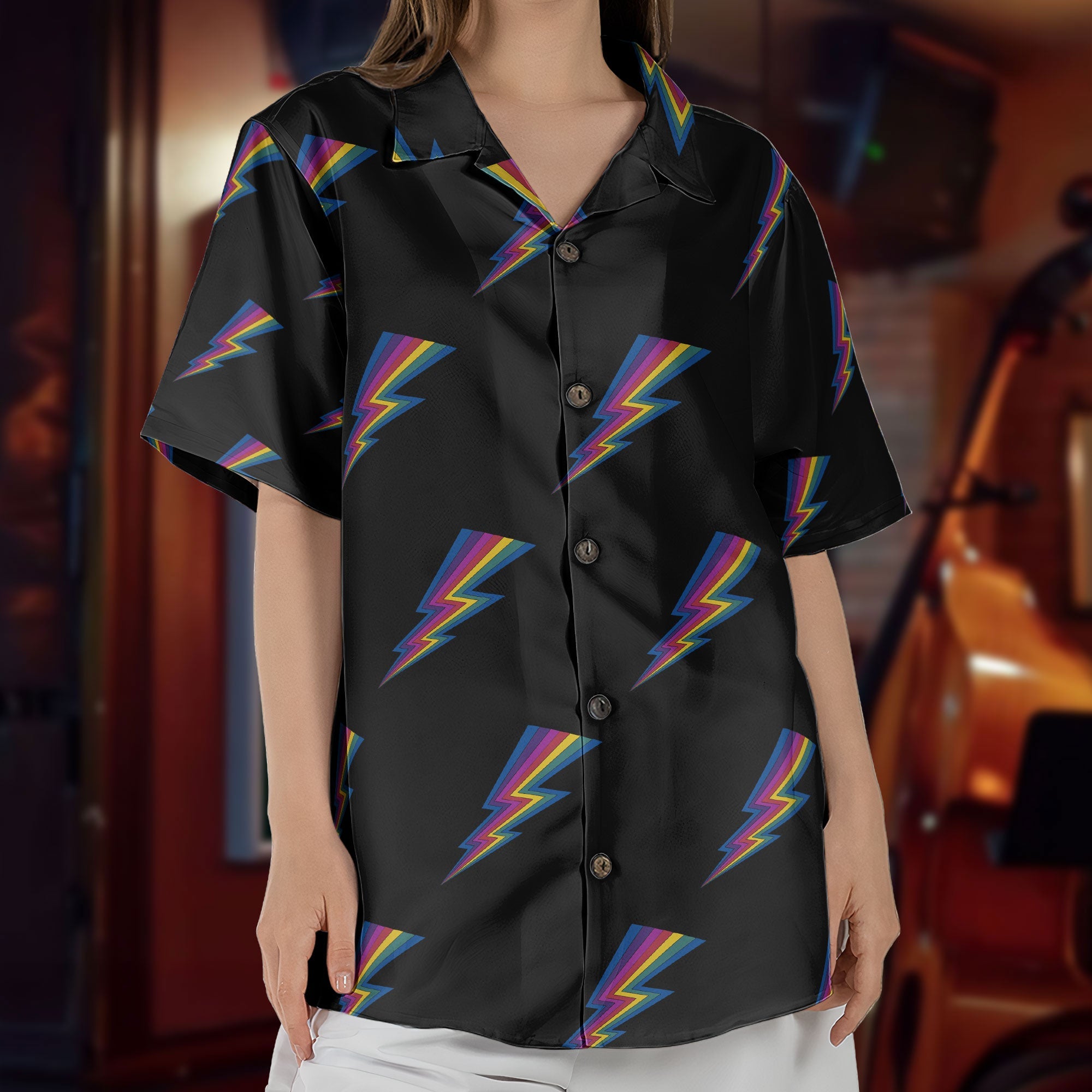 Rainbow Lightning Bolt Unisex Hawaiian Shirt – Retro Pattern Hawaiian Button-Up Shirt