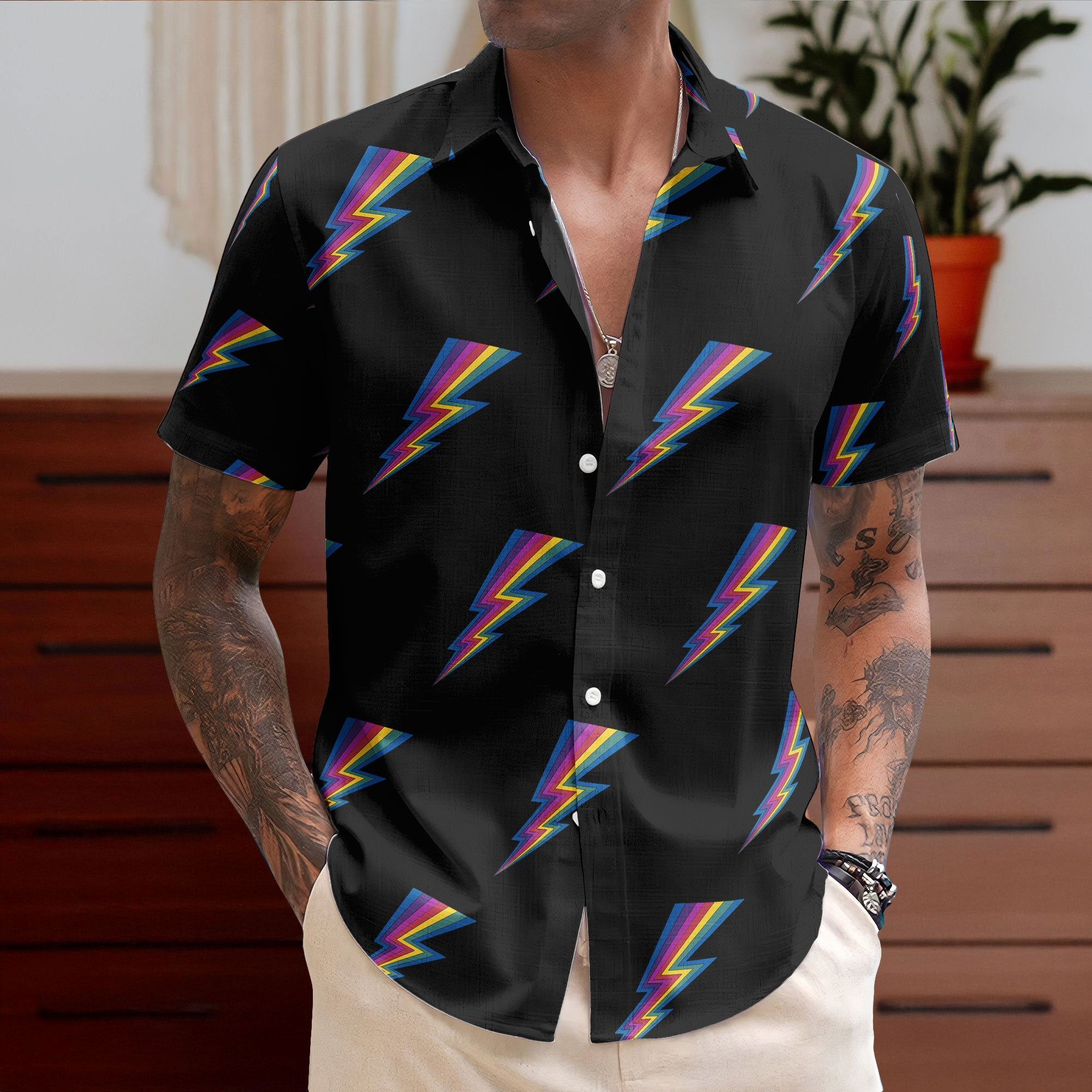 Retro Rainbow Lightning Hawaiian Shirt – Glam Rock Vintage Button Up