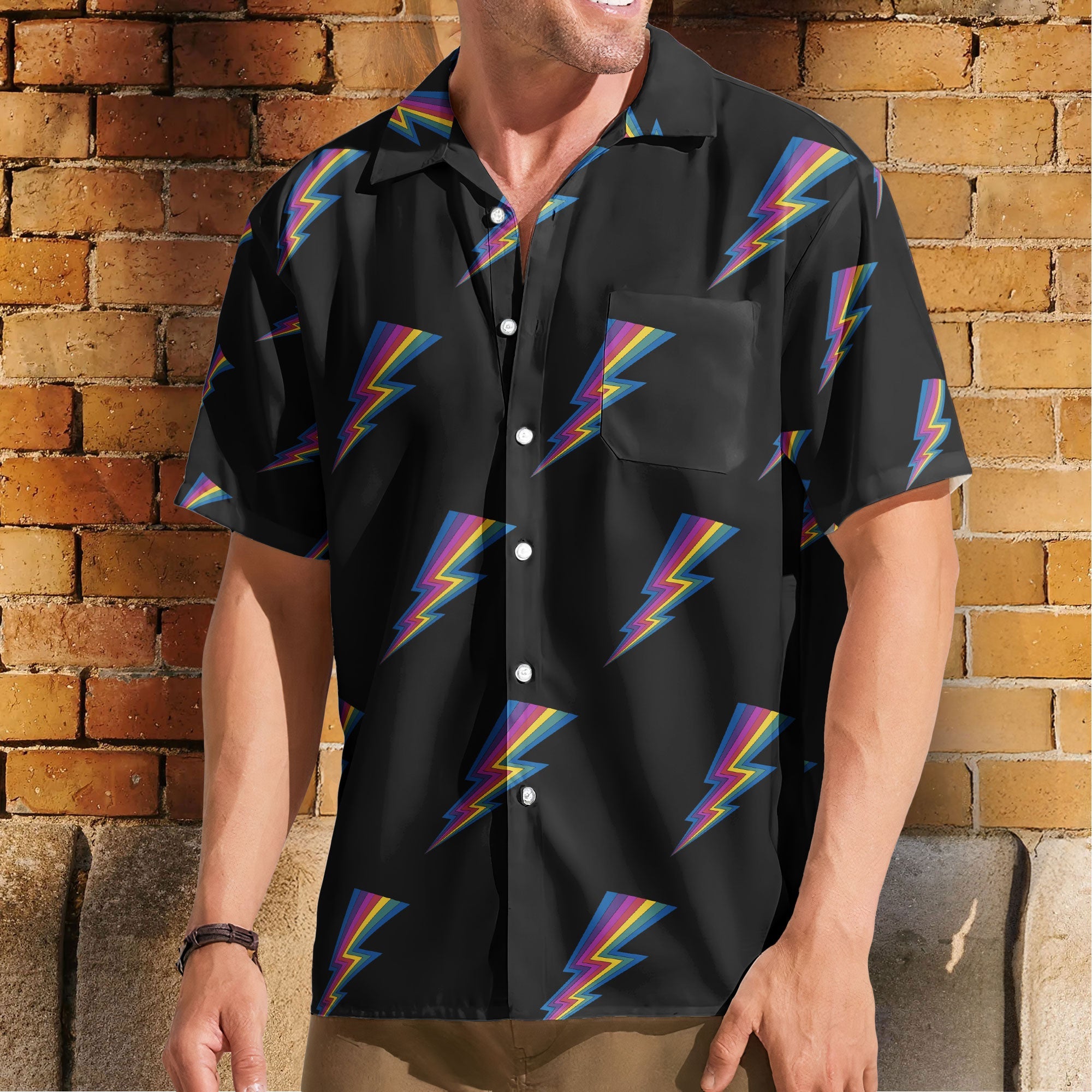 Retro Rainbow Lightning Hawaiian Shirt – Glam Rock Vintage Button Up