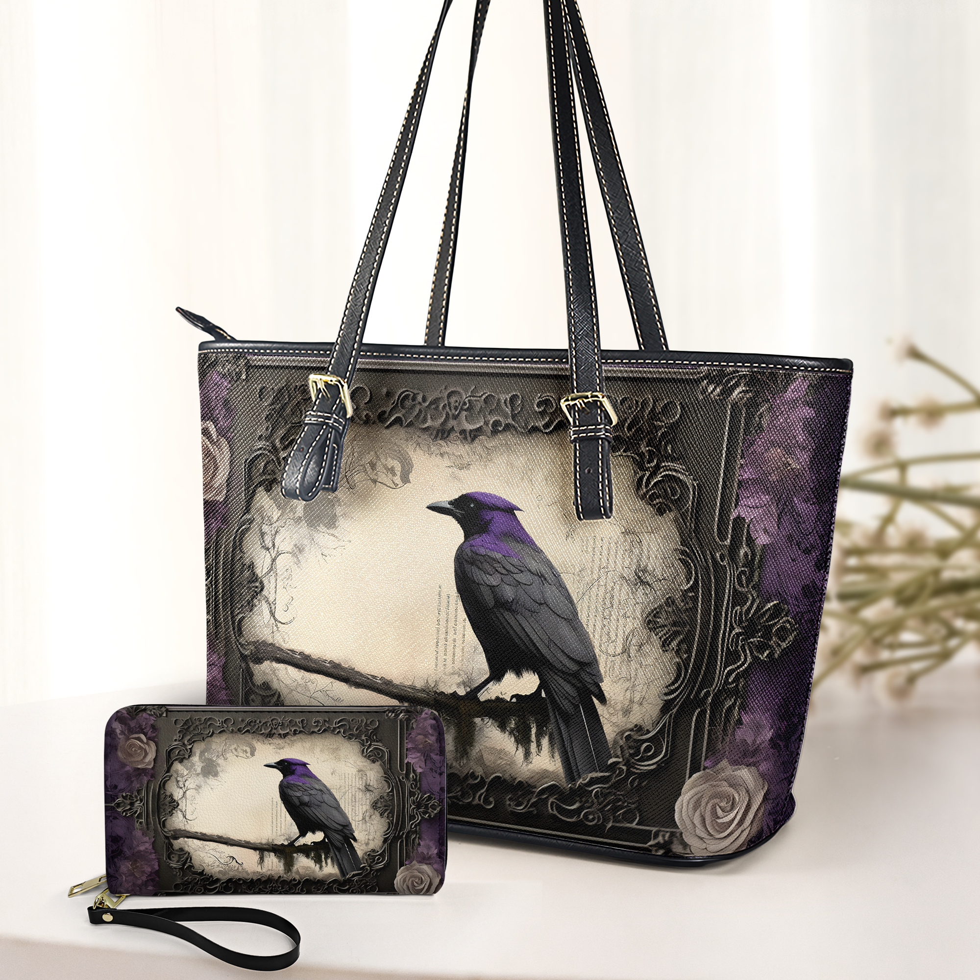 Gothic Raven Leather Handbag & Wallet Set Inspired by Edgar Allan Poe