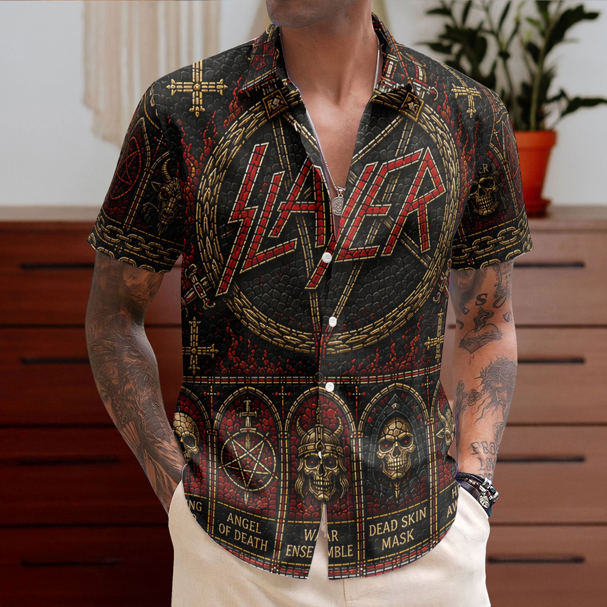Slayer Stained Glass Hawaiian Shirt - Unisex Retro Heavy Metal Concert Tour Merch