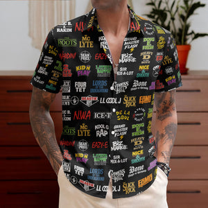 Vintage Hip Hop Logos Hawaiian Shirt - Unisex Retro 90s Rap Concert Black Summer Button Up