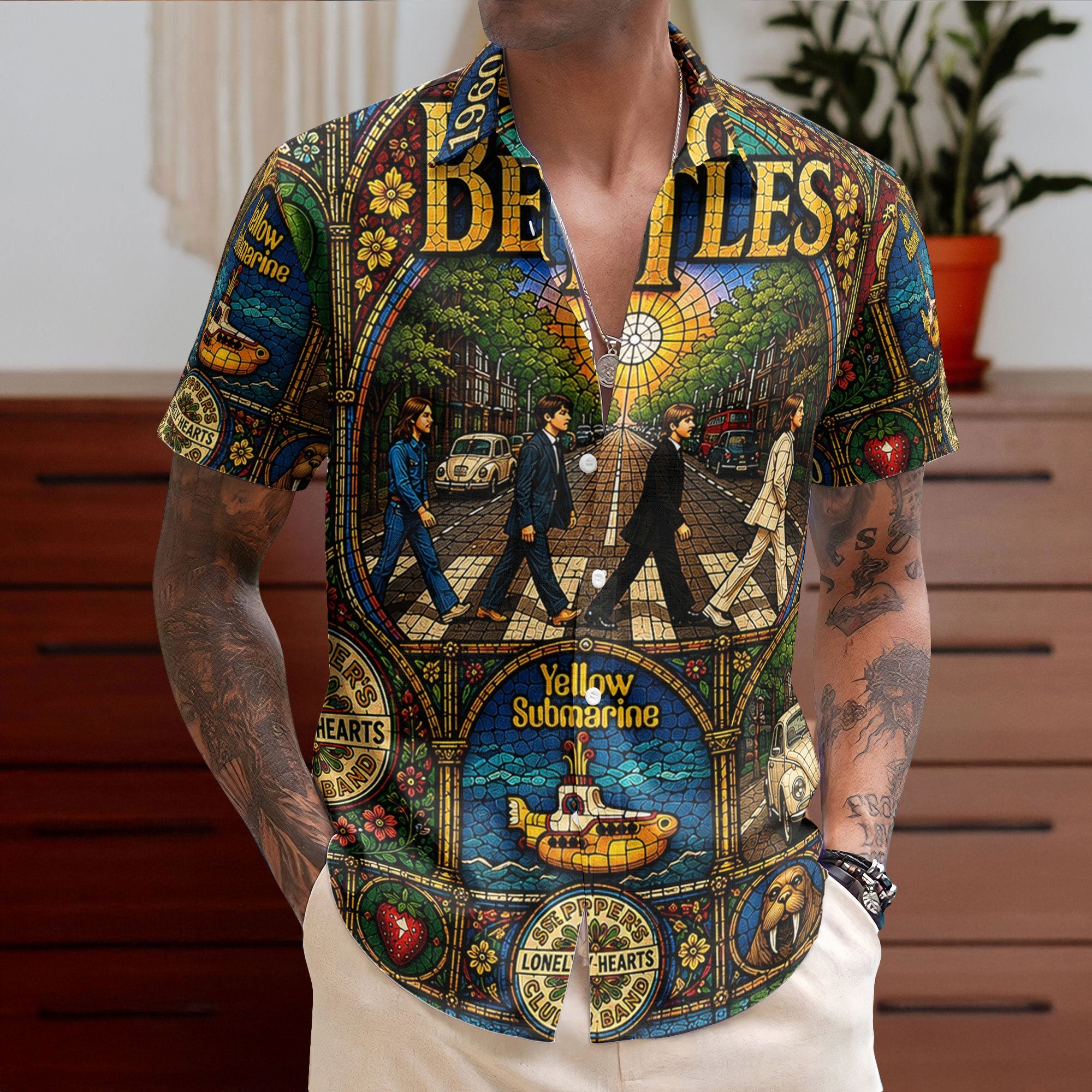The Beatles Gothic Stained Glass Hawaiian Shirt - Unisex Retro Abbey Road Yellow Submarine Cathedral Window Button Up