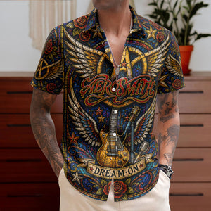 Aerosmith Hawaiian Shirt - Unisex Dream On Cathedral Window Winged Logo Button Up