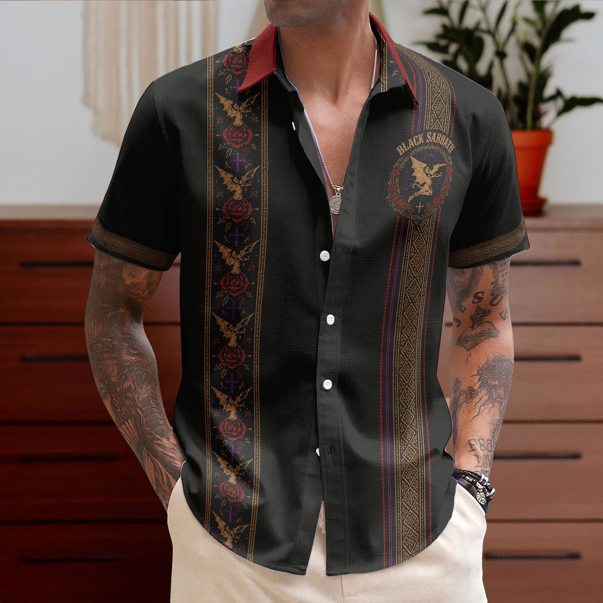 Black Sabbath Hawaiian Shirt - Unisex Retro Henry Demon Gothic Vertical Stripe Button Up