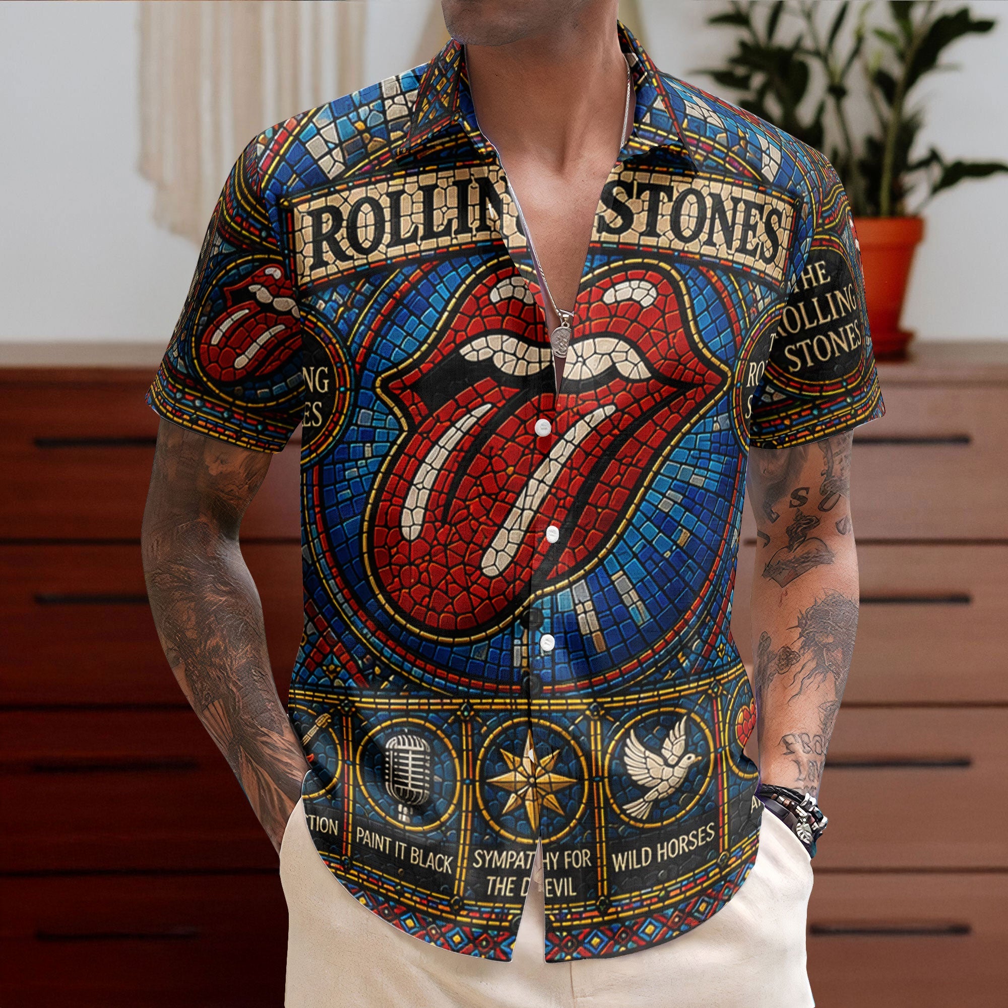 The Rolling Stones Hawaiian Shirt - Unisex Classic Rock Tongue Logo Button Up