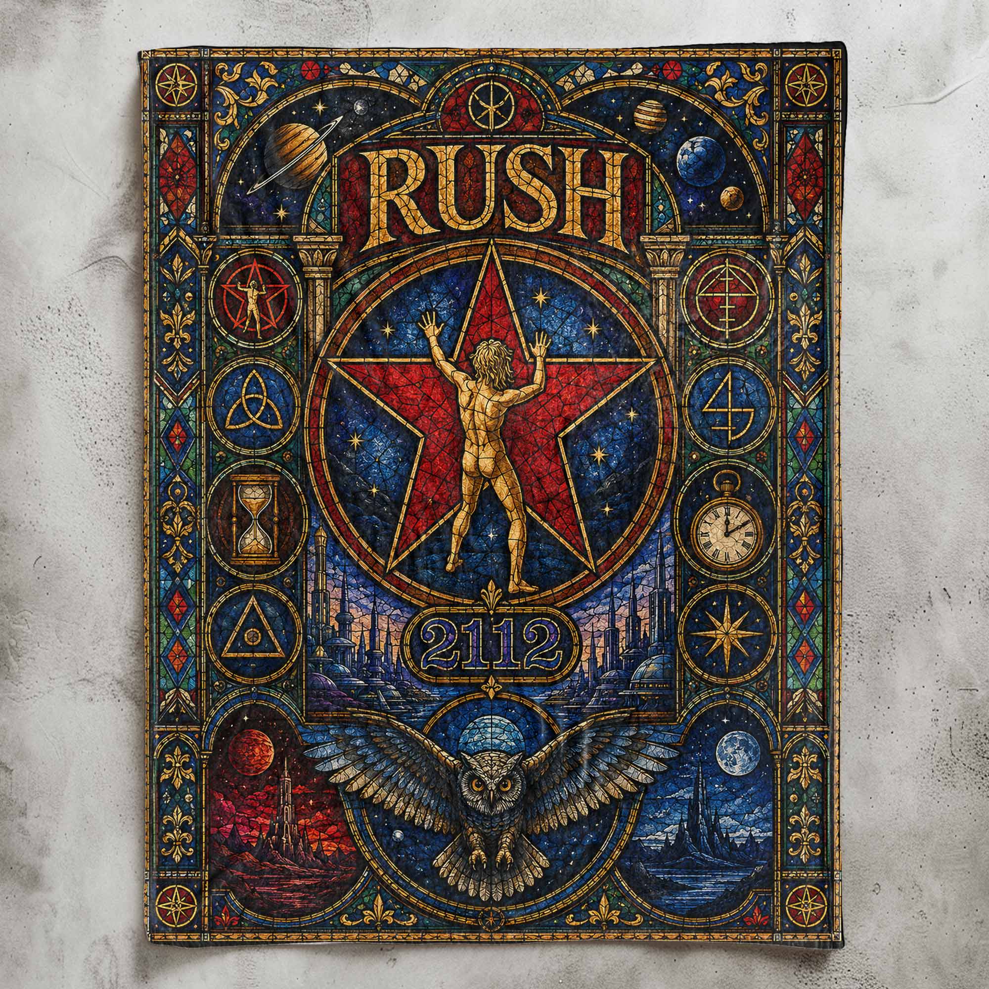Rush Band Sherpa Blanket Starman 2112 Stained Glass Blanket