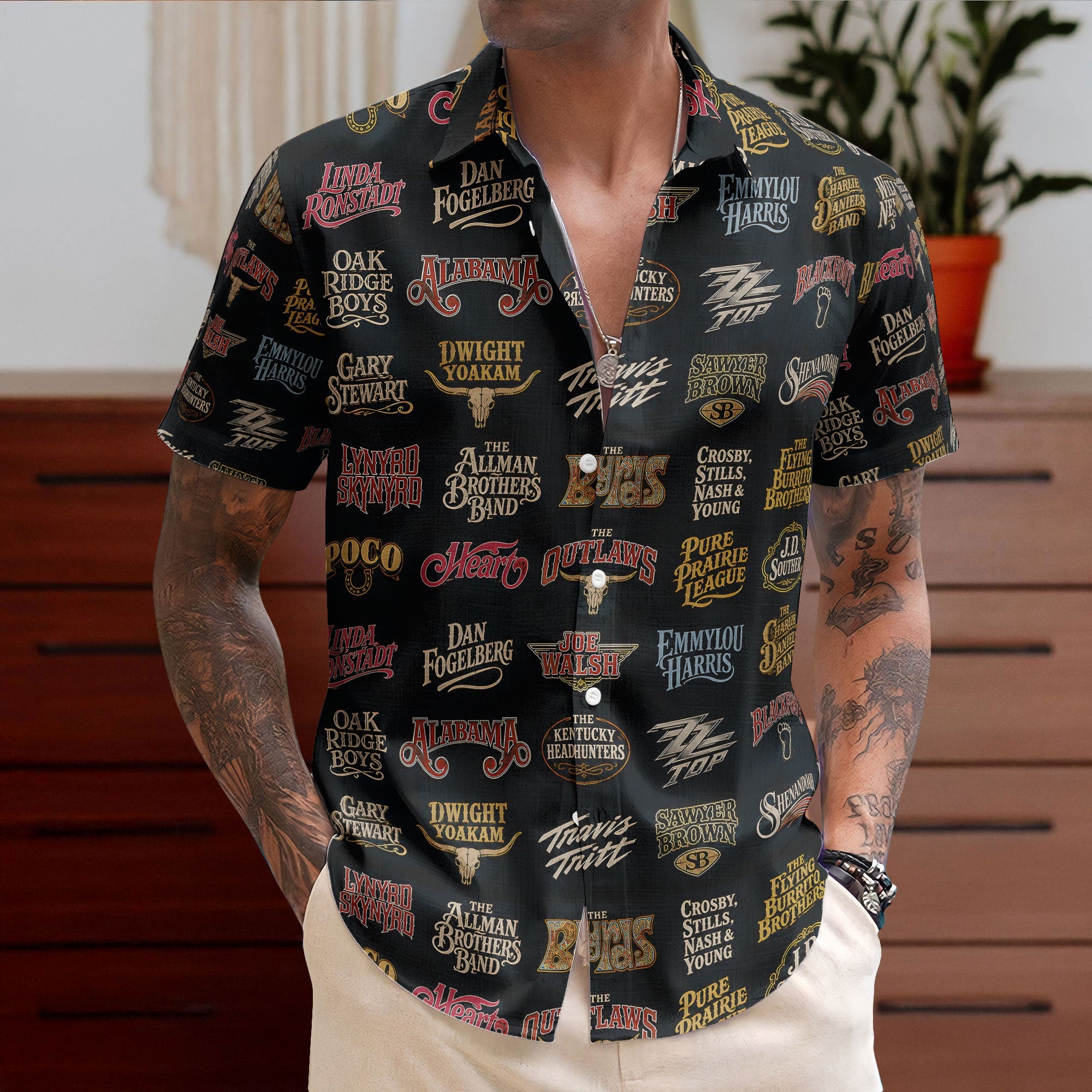 Country Rock Band Logos Hawaiian Shirt - Unisex Vintage Allman Brothers ZZ Top Black Beach Button Up