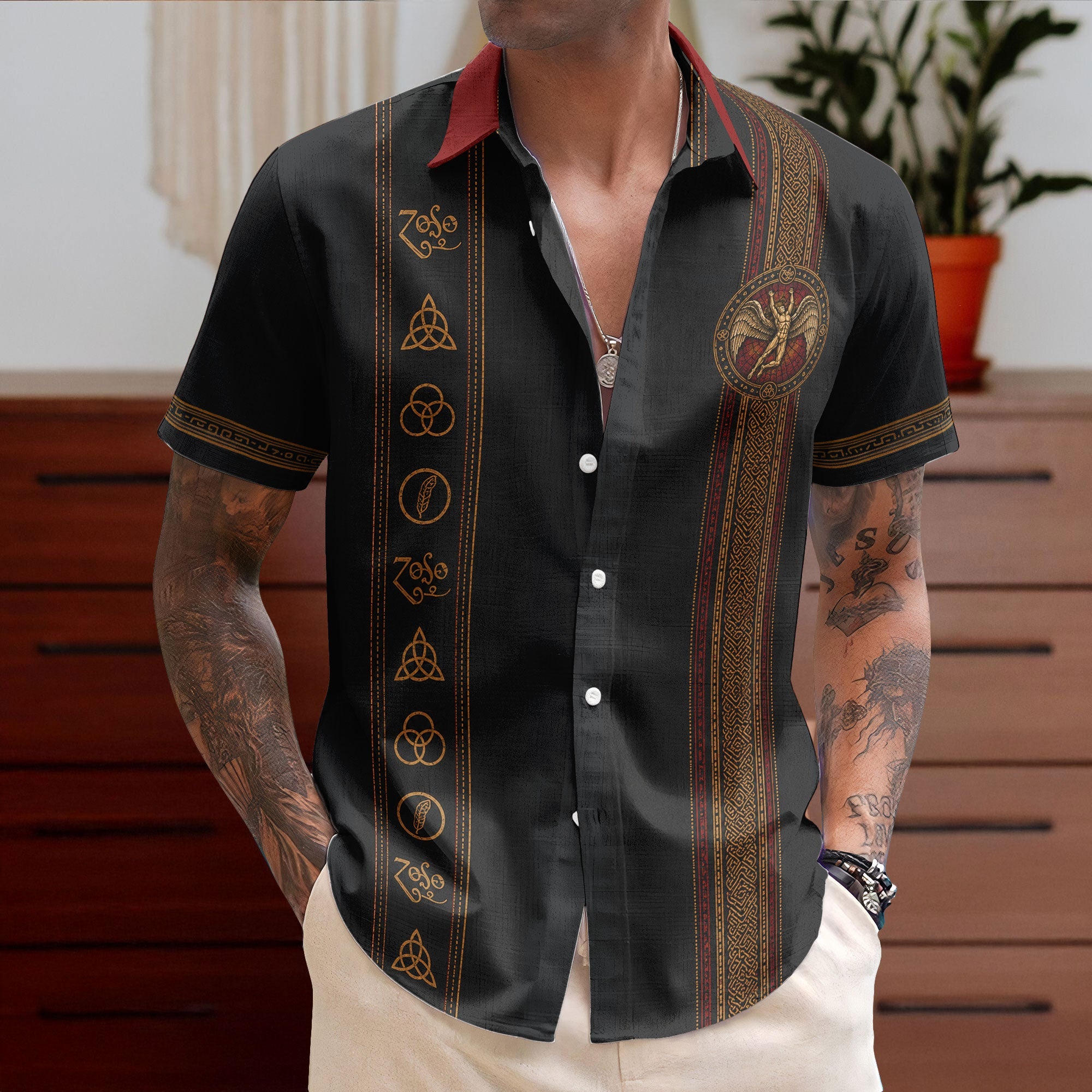 Led Zeppelin Hawaiian Shirt - Unisex Retro Zoso Swan Song Vertical Stripe Button Up
