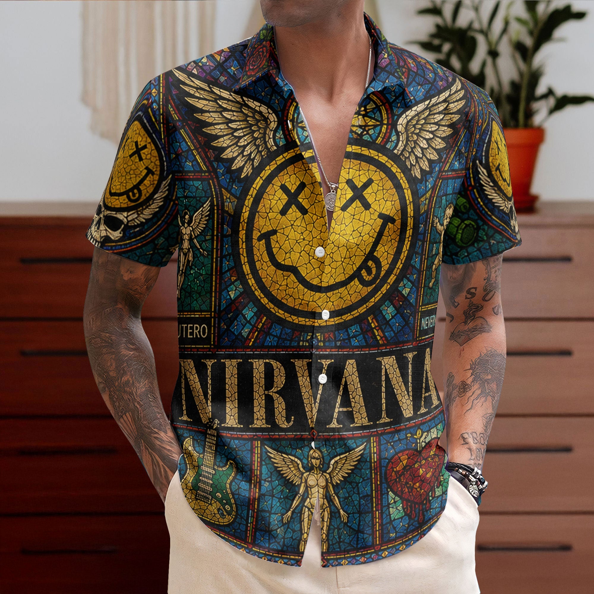 Nirvana Hawaiian Shirt - Unisex Retro Smiley Face Cathedral Window Button Up