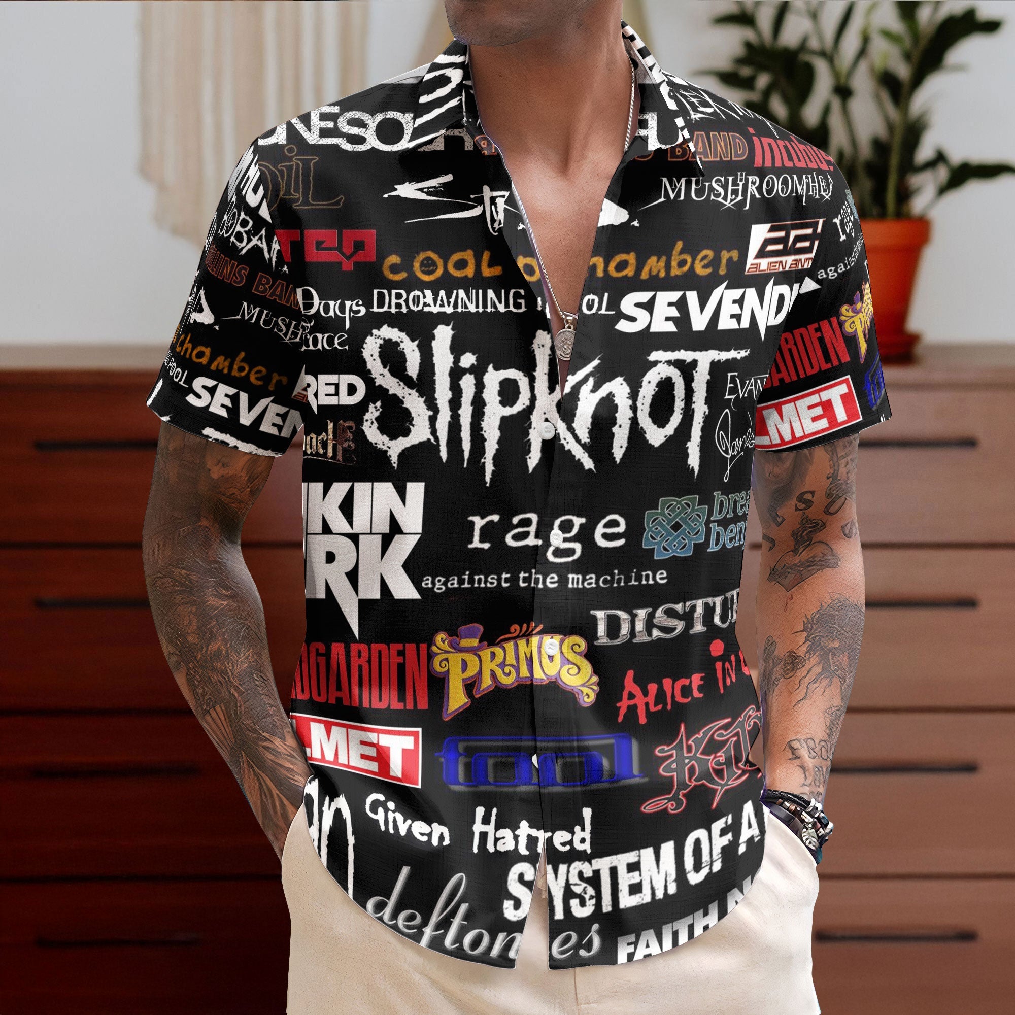 Famous Rock Music Bands Collage Hawaiian Shirt – Retro Music Album Art Inspired Unisex Shirt