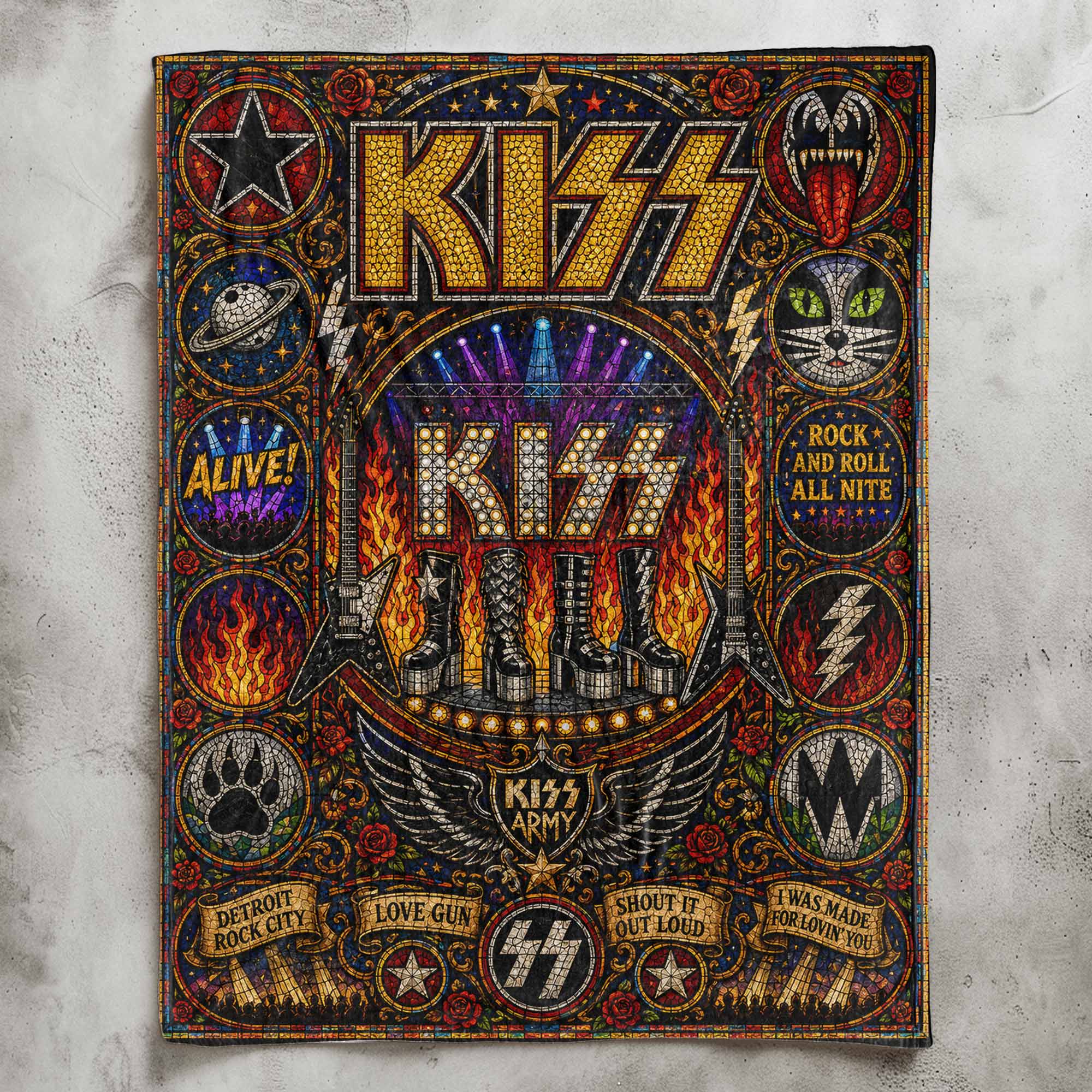 KISS Band Sherpa Blanket Detroit Rock City Stained Glass Blanket