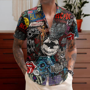 Rock Band Collage Hawaiian Shirt - Unisex Heavy Metal Grunge Summer Button Up - The Beatles Black Sabbath Concert Merch