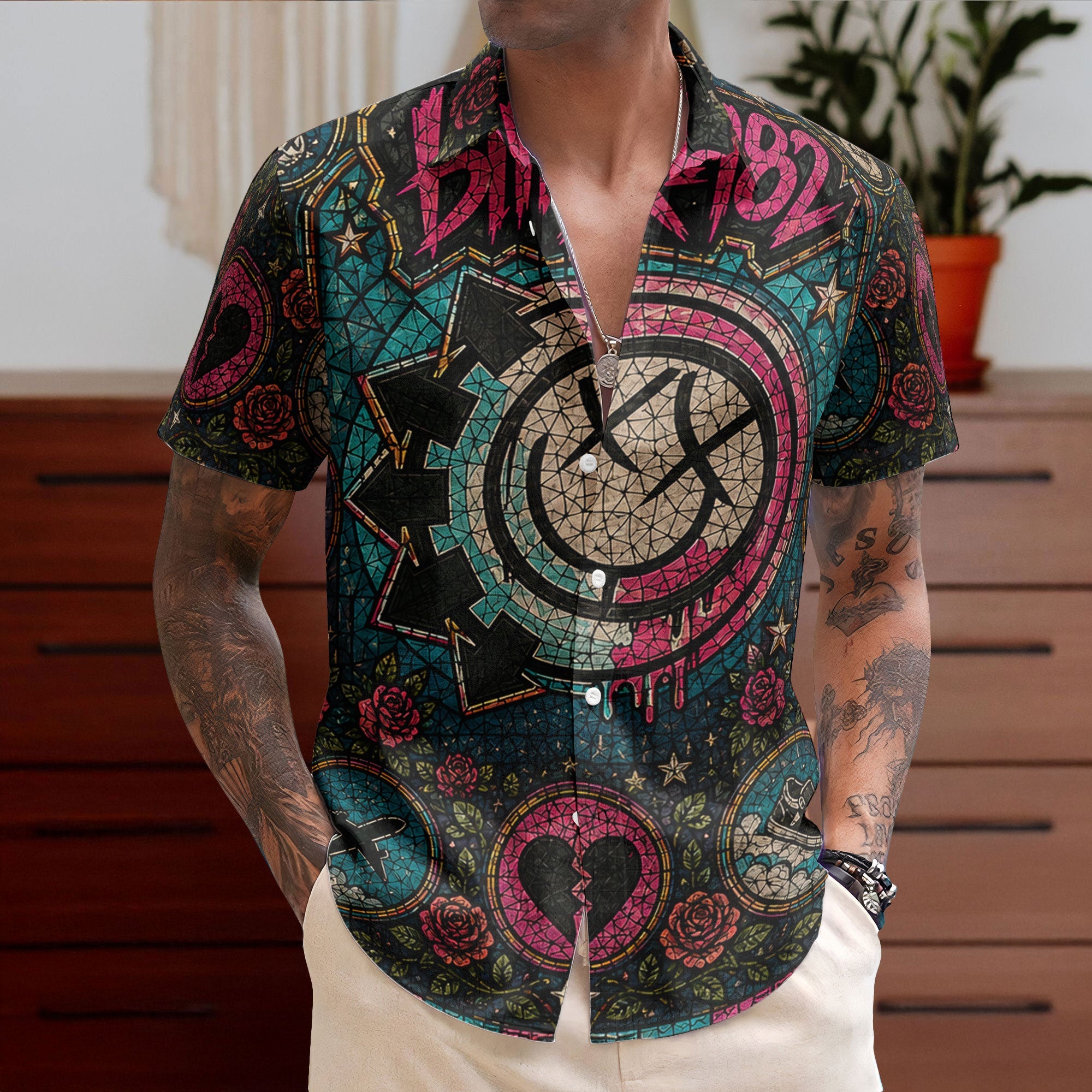 Blink 182 Gothic Stained Glass Hawaiian Shirt - Unisex Alternative Rock Concert Summer Button Up