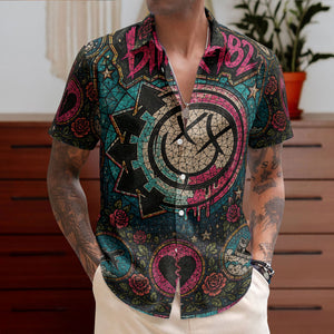 Blink 182 Gothic Stained Glass Hawaiian Shirt - Unisex Alternative Rock Concert Summer Button Up