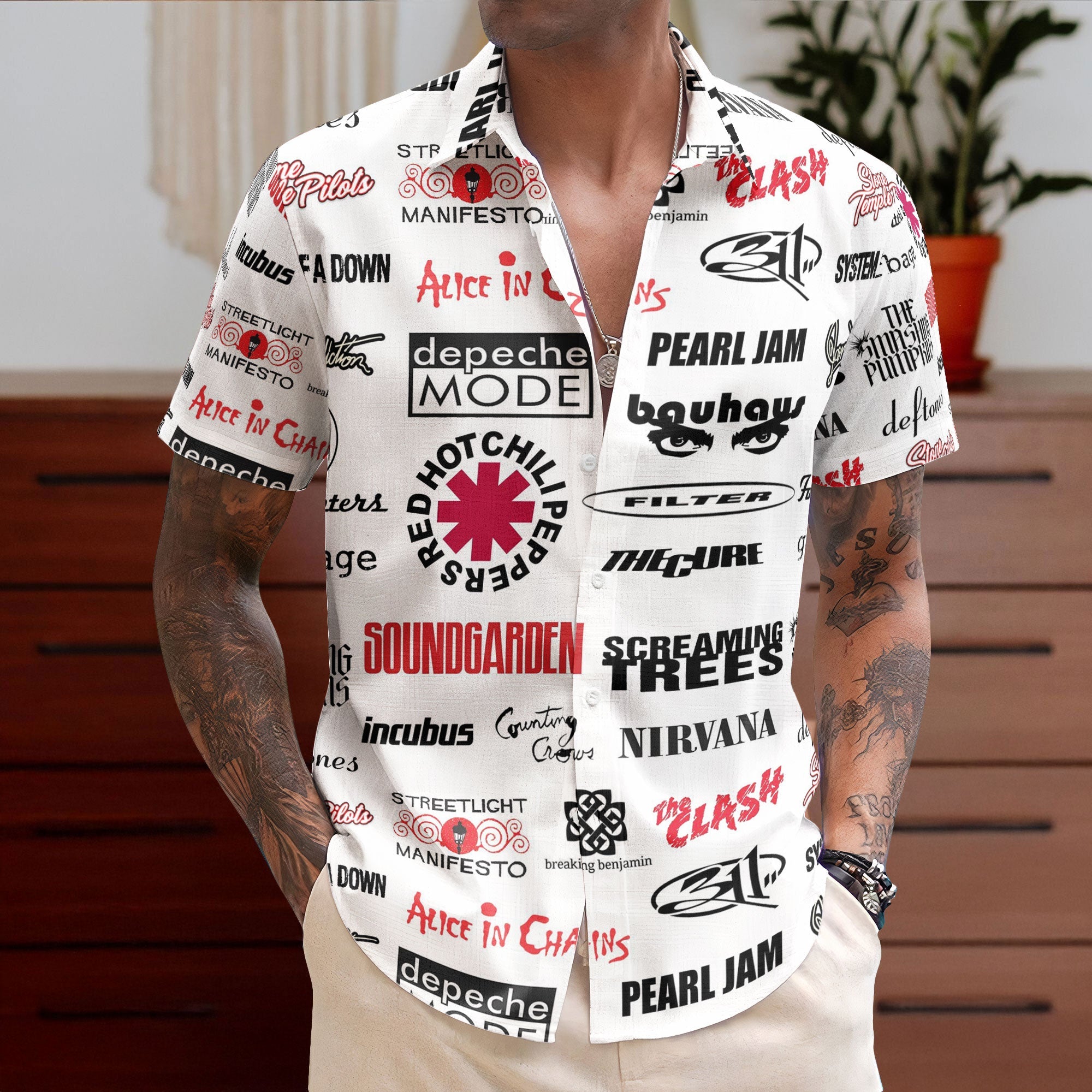 Grunge Rock Band Retro Rock Concert White Summer Button Up Hawaiian Shirt – Retro Music Album Art Inspired Unisex Shirt