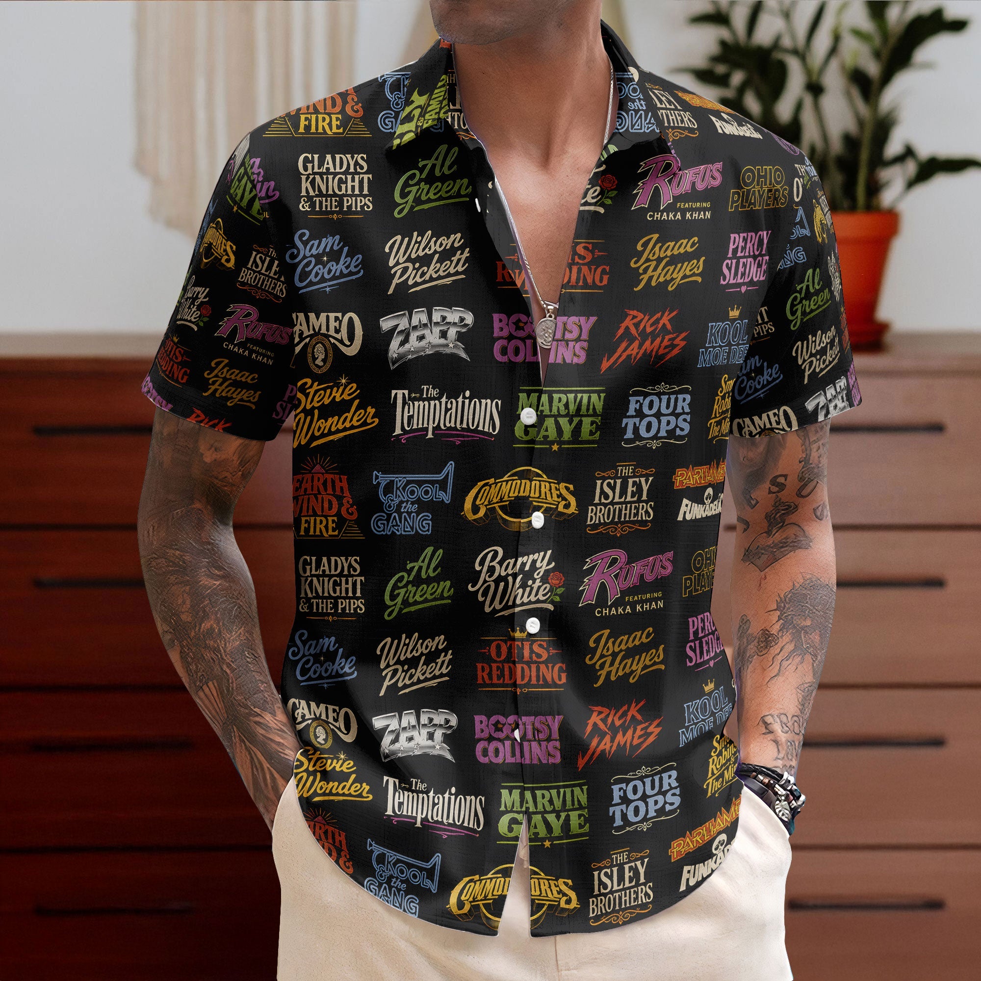 Soul And Funk Logos Hawaiian Shirt - Unisex Retro Motown Concert Black Summer Button Up