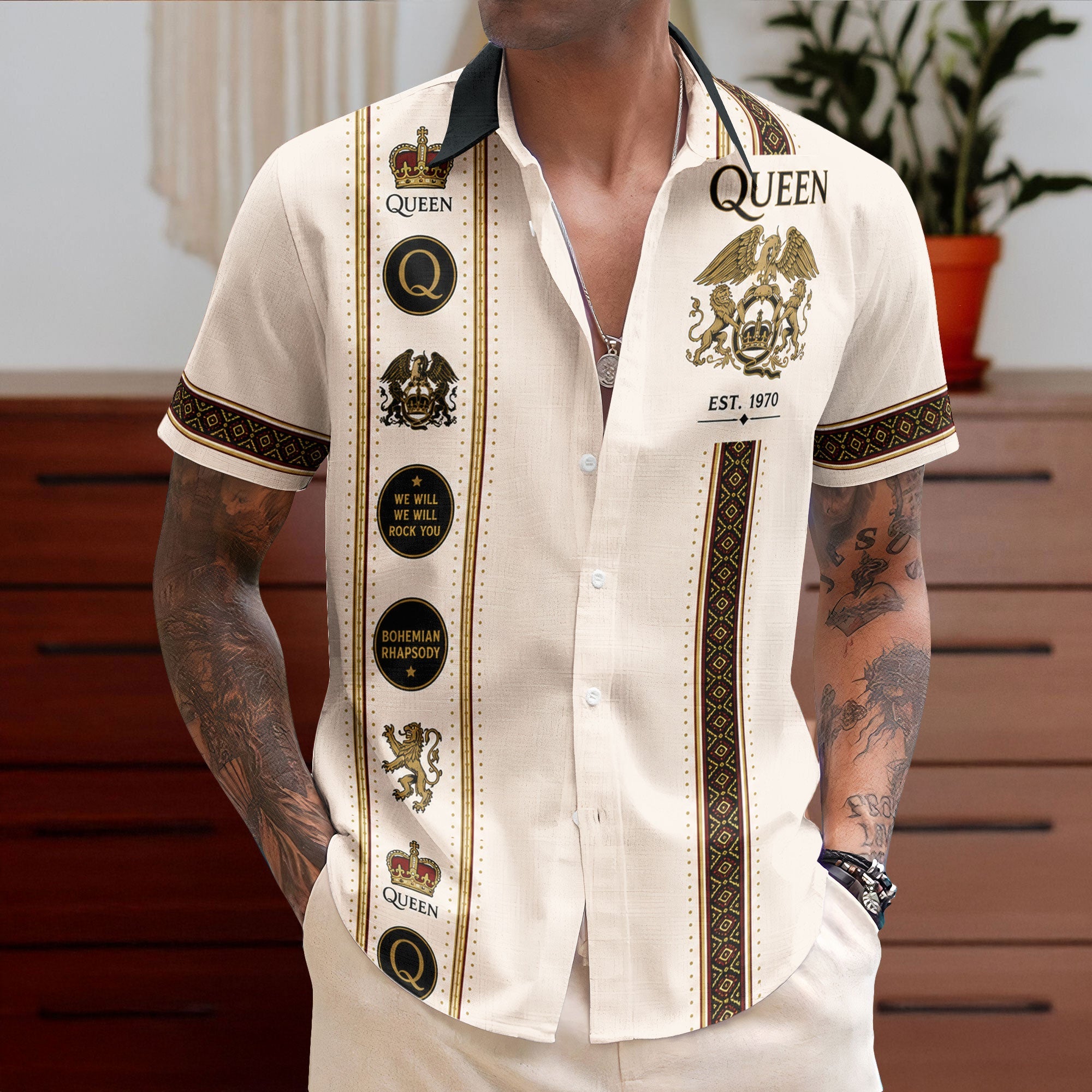 Queen Hawaiian Shirt - Unisex Mexican Style Royal Crest Vertical Stripe Button Up