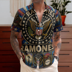 Ramones Hawaiian Shirt - Unisex Retro Hey Ho Lets Go Cathedral Window Button Up