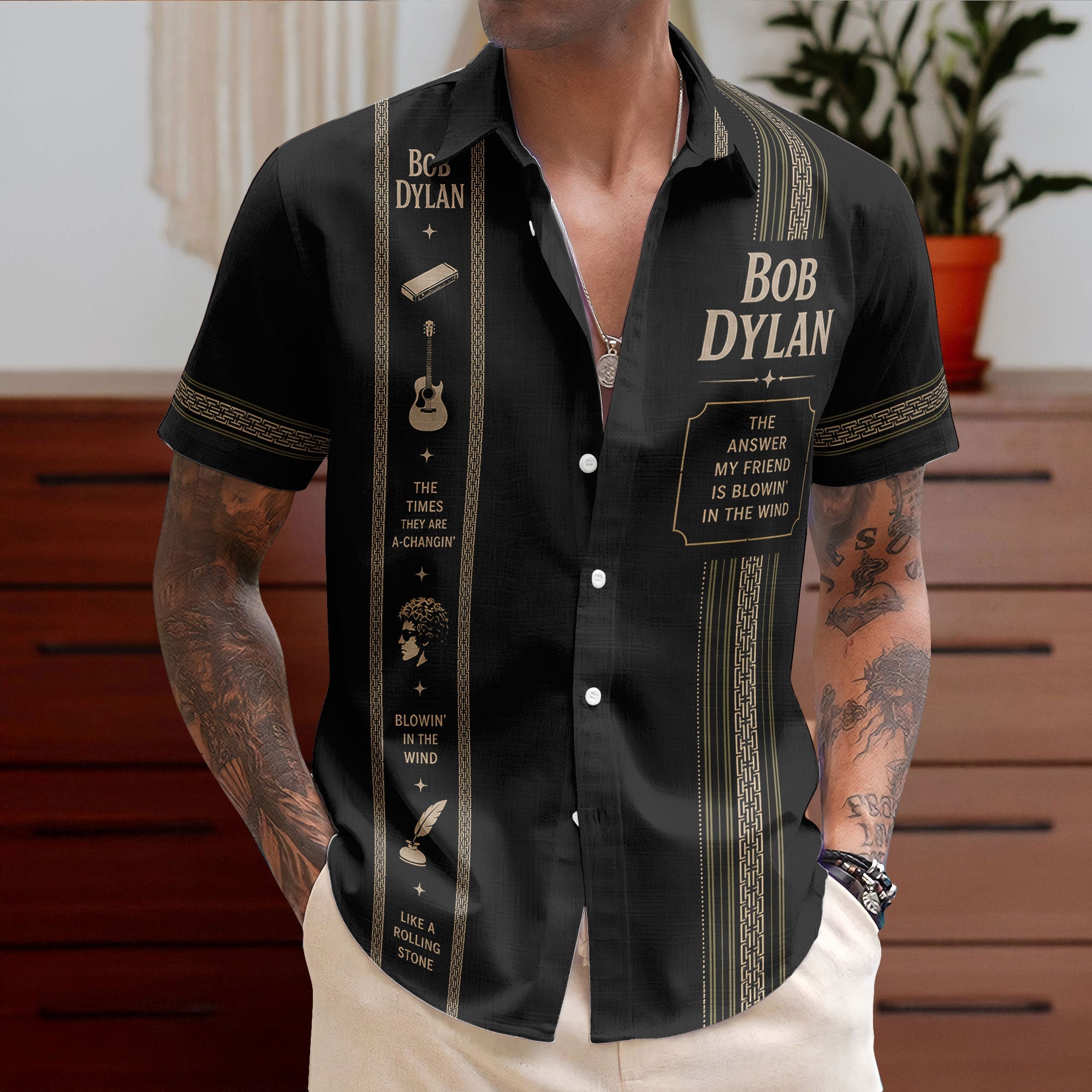Bob Dylan Luxury Design Hawaiian Shirt – Folk Rock Inspired Black Hawaiian Shirt