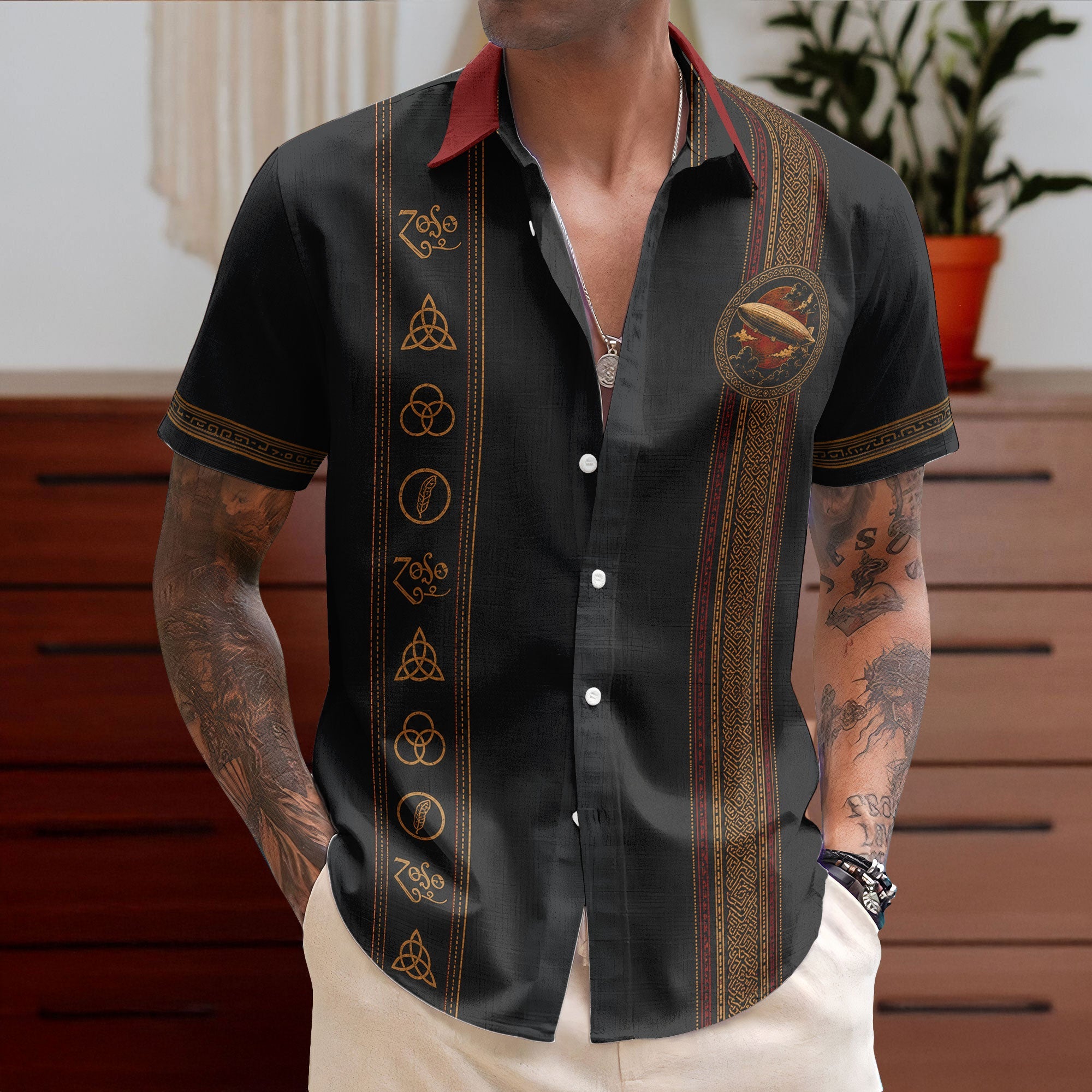 Led Zeppelin Hawaiian Shirt - Unisex Retro Zoso Zeppelin Four Symbols Airship Button Up