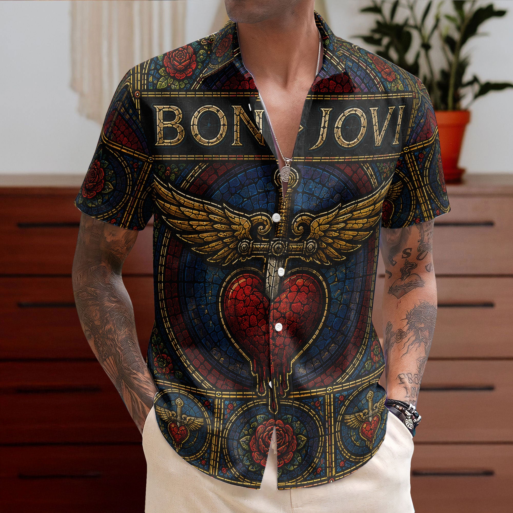 Bon Jovi Stained Glass Hawaiian Shirt - Unisex Classic Rock Heart Dagger Button Up