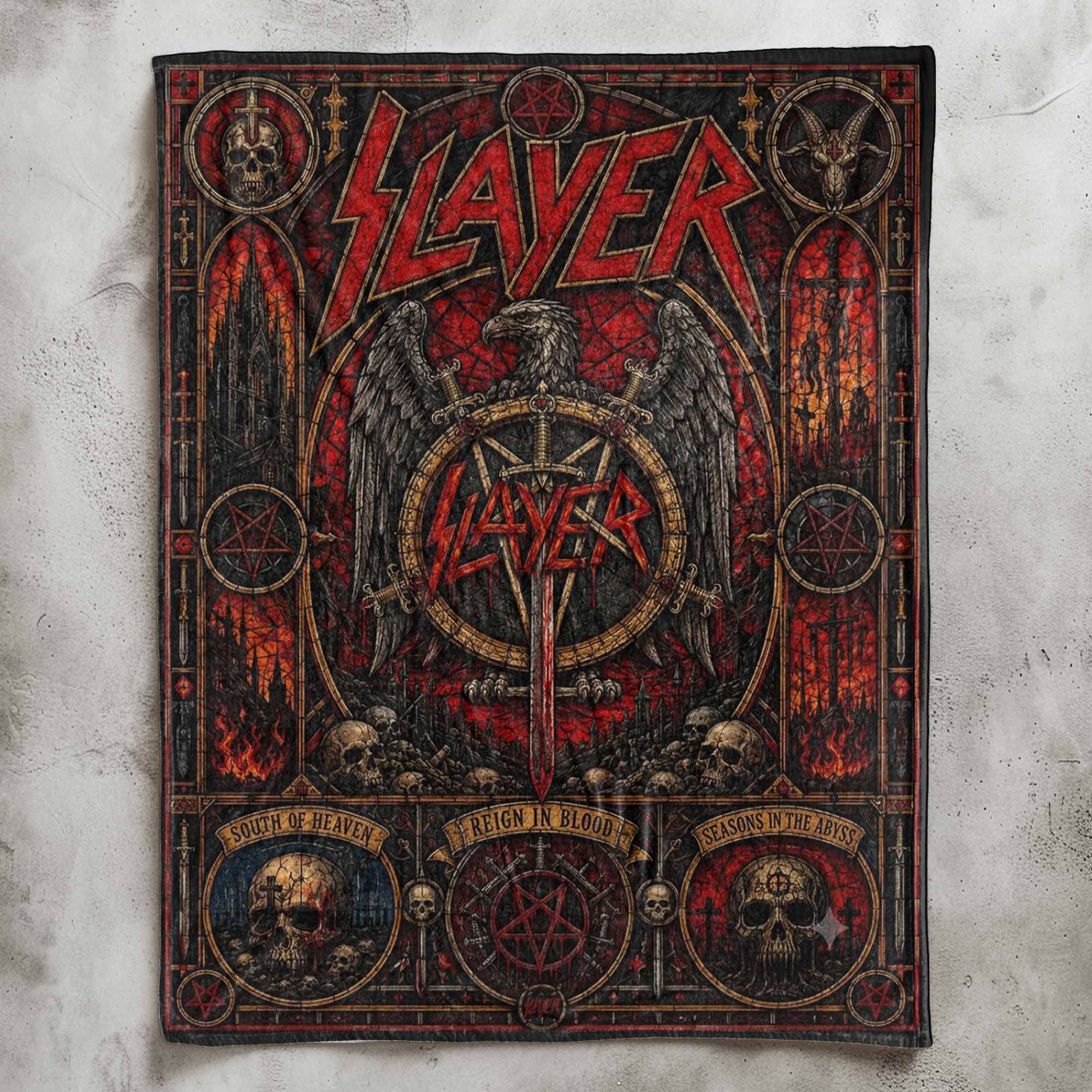 Slayer Band Sherpa Blanket Reign In Blood Stained Glass Thrash Metal Throw Blanket