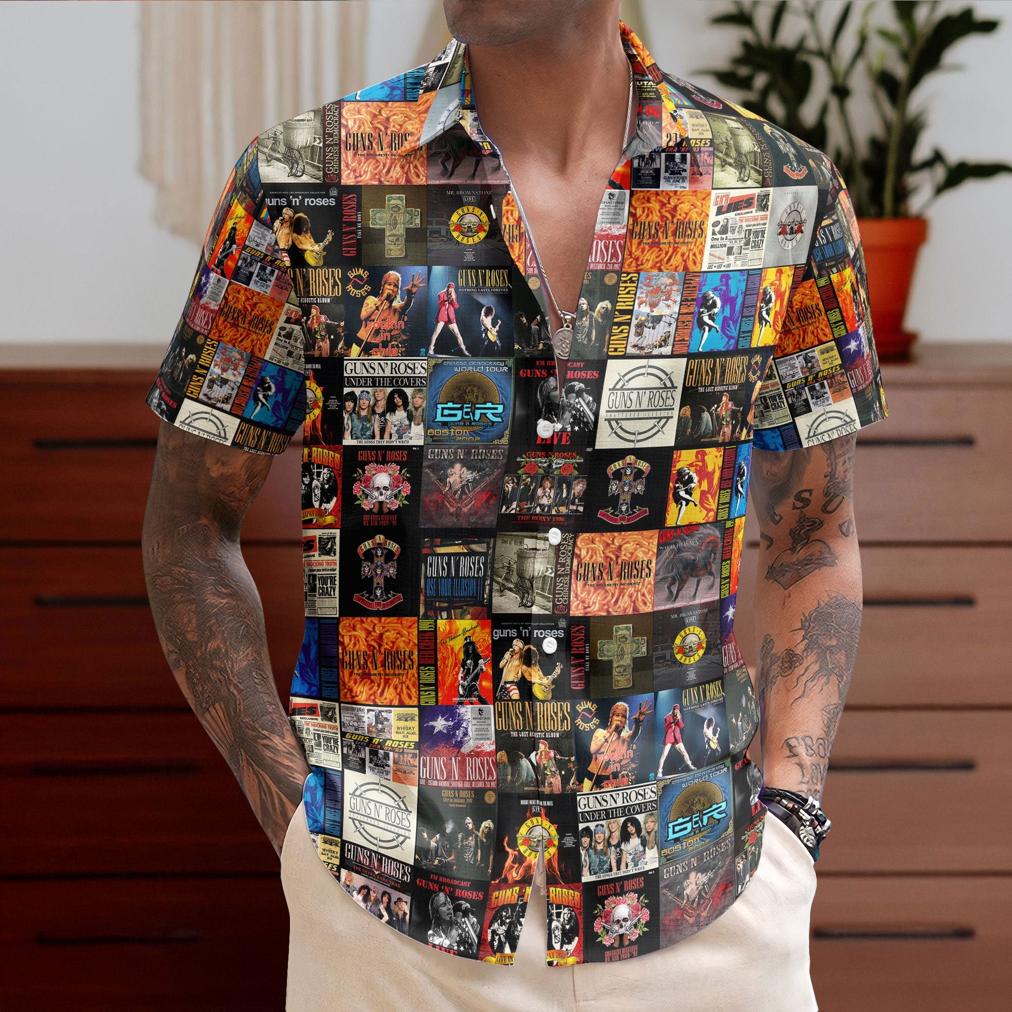 Guns N Roses Album Cover Collage Hawaiian Shirt - Unisex 80s Heavy Rock Concert Summer Button Up