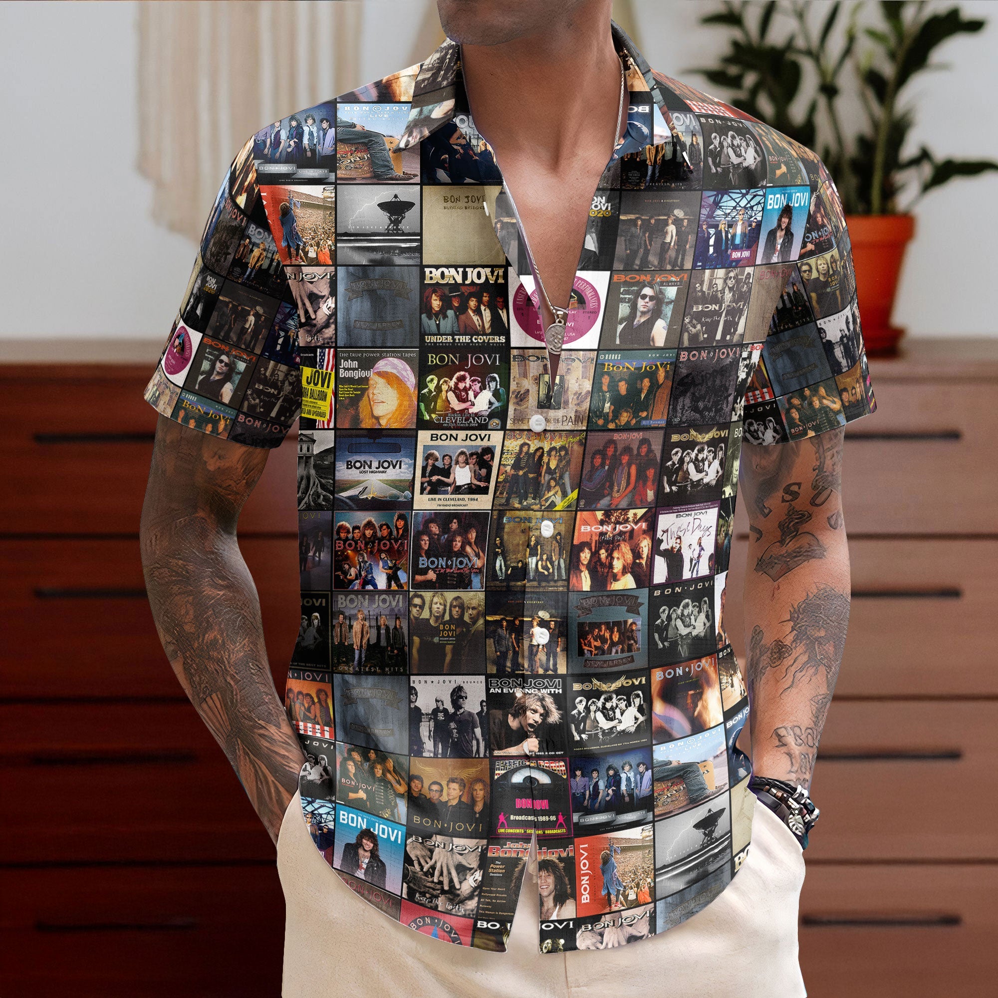 Bon Jovi Album Cover Collage Hawaiian Shirt - Unisex 80s Arena Rock Concert Summer Button Up