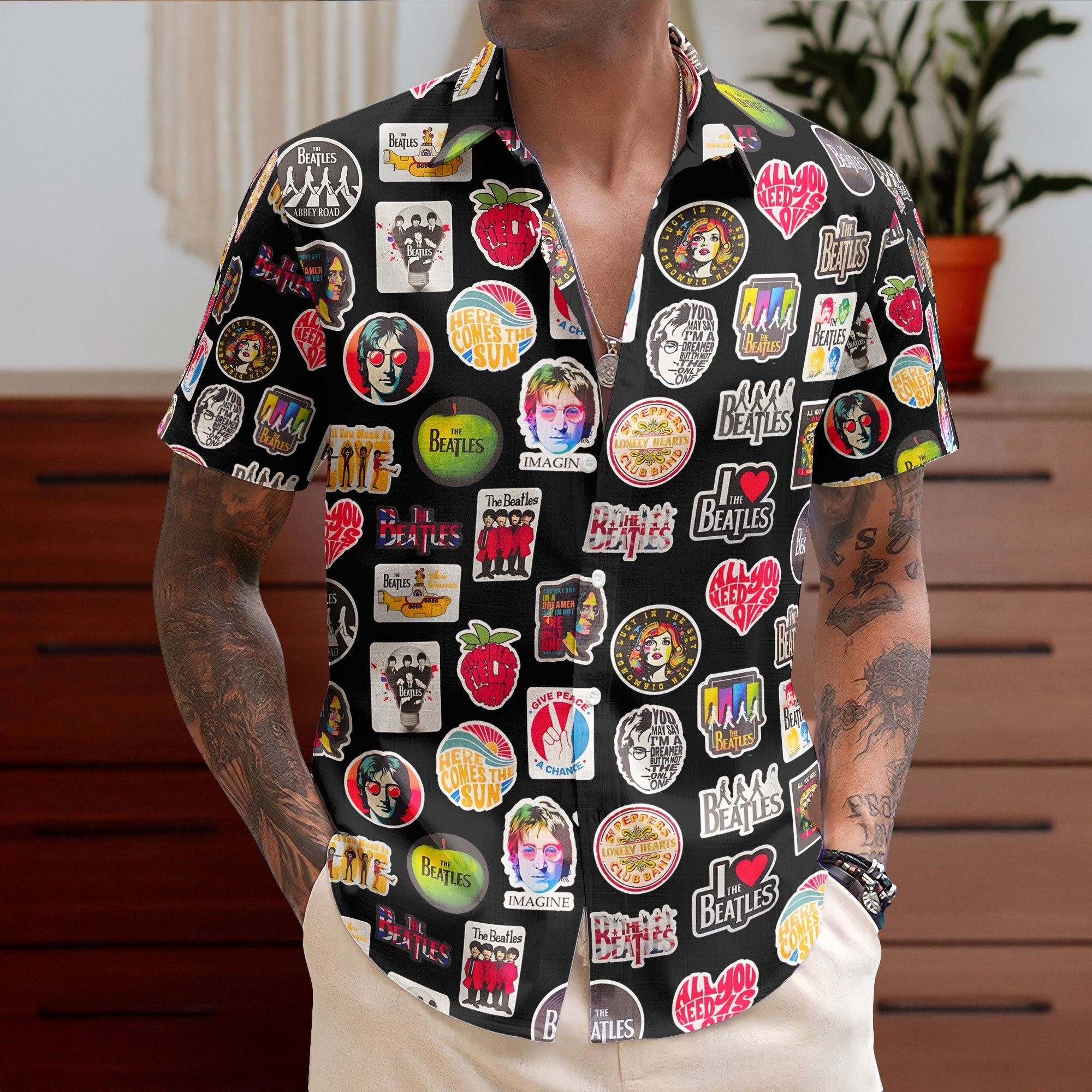 The Beatles Multiple Iconic Logos Hawaiian Shirt – Retro Music Inspired Aloha Shirt