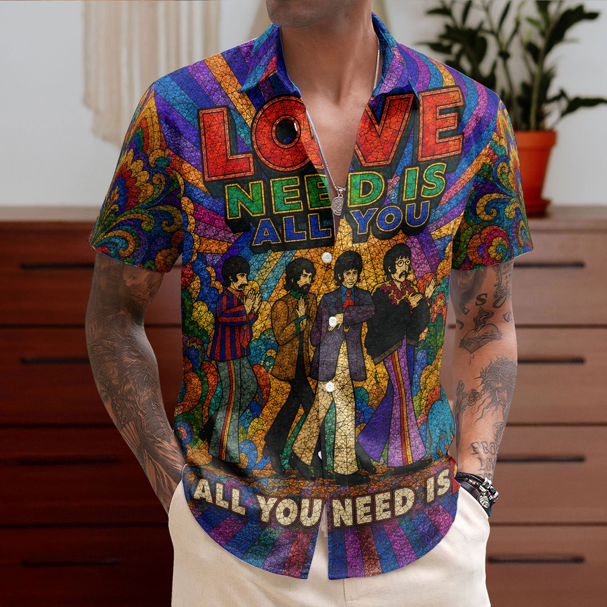 The Beatles Hawaiian Shirt - Unisex Retro All You Need Is Love Mosaic Button Up