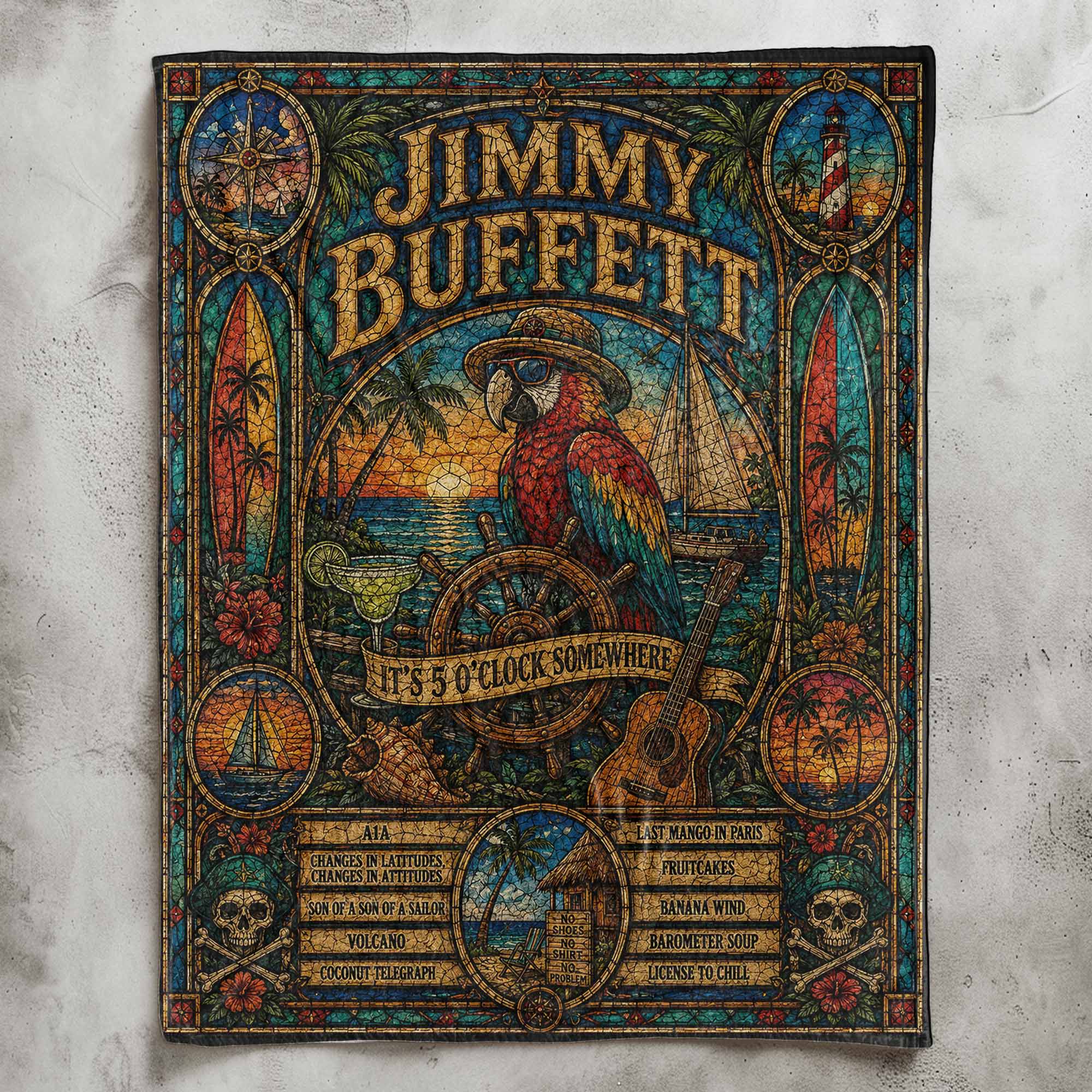 Jimmy Buffett Sherpa Blanket Margaritaville Stained Glass Tropical Coastal Blanket