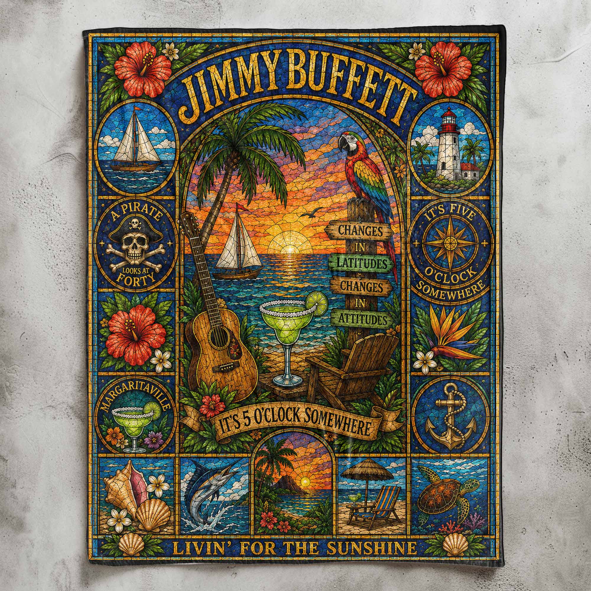 Jimmy Buffett Sherpa Blanket Margaritaville Stained Glass Blanket