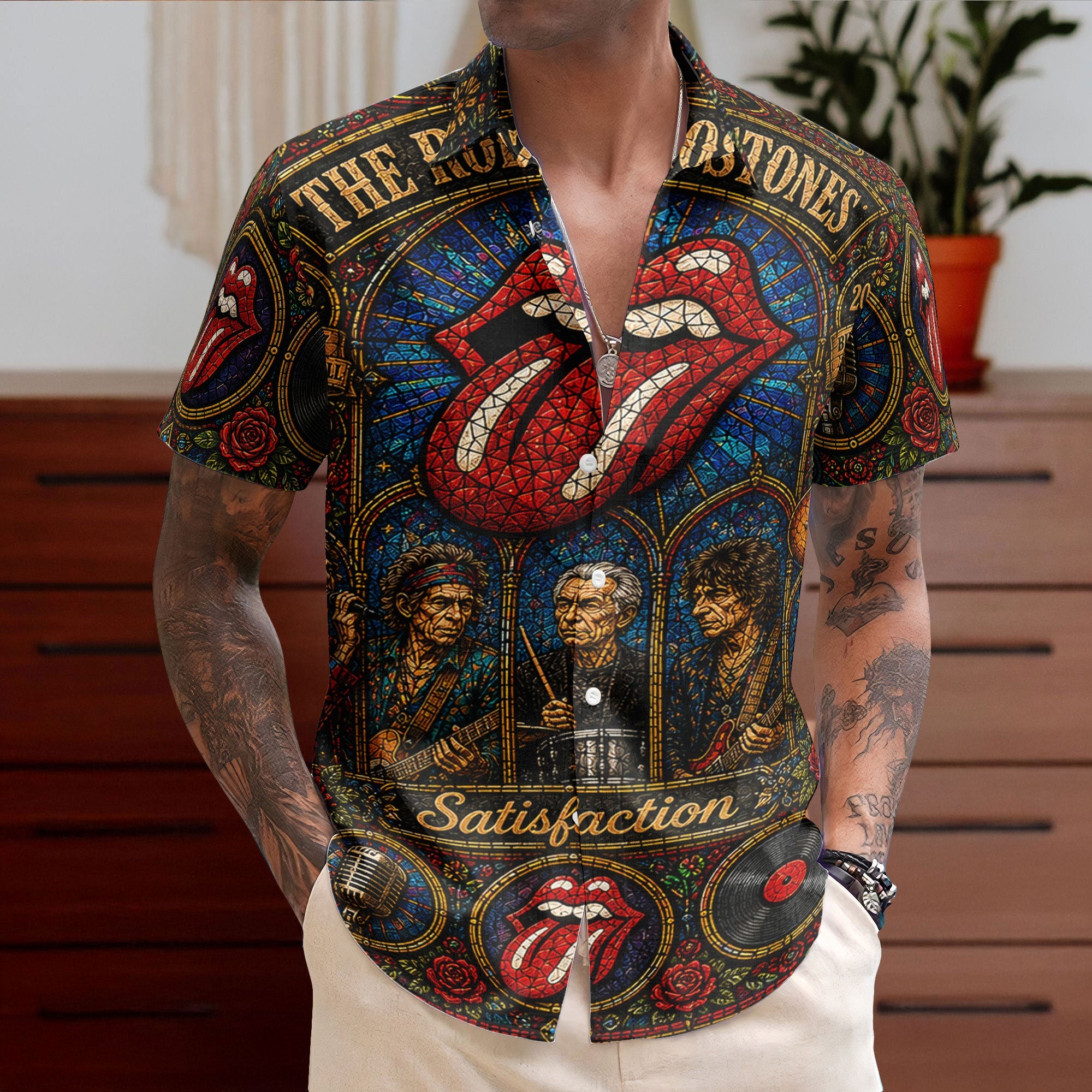 The Rolling Stones Gothic Stained Glass Hawaiian Shirt - Unisex Rock N Roll Concert Summer Button Up