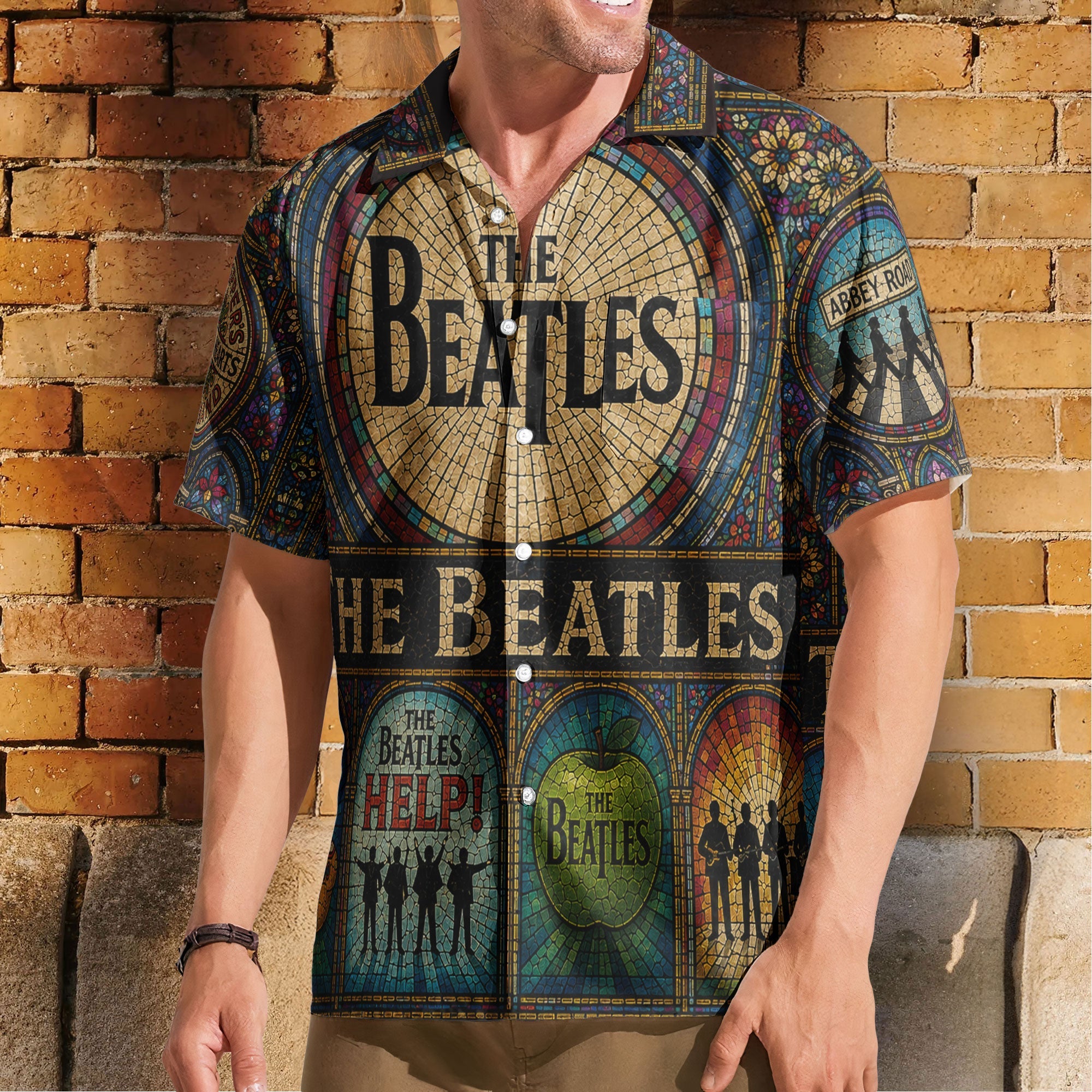 The Beatles Hawaiian Shirt - Unisex Retro Yellow Submarine Cathedral Window Button Up