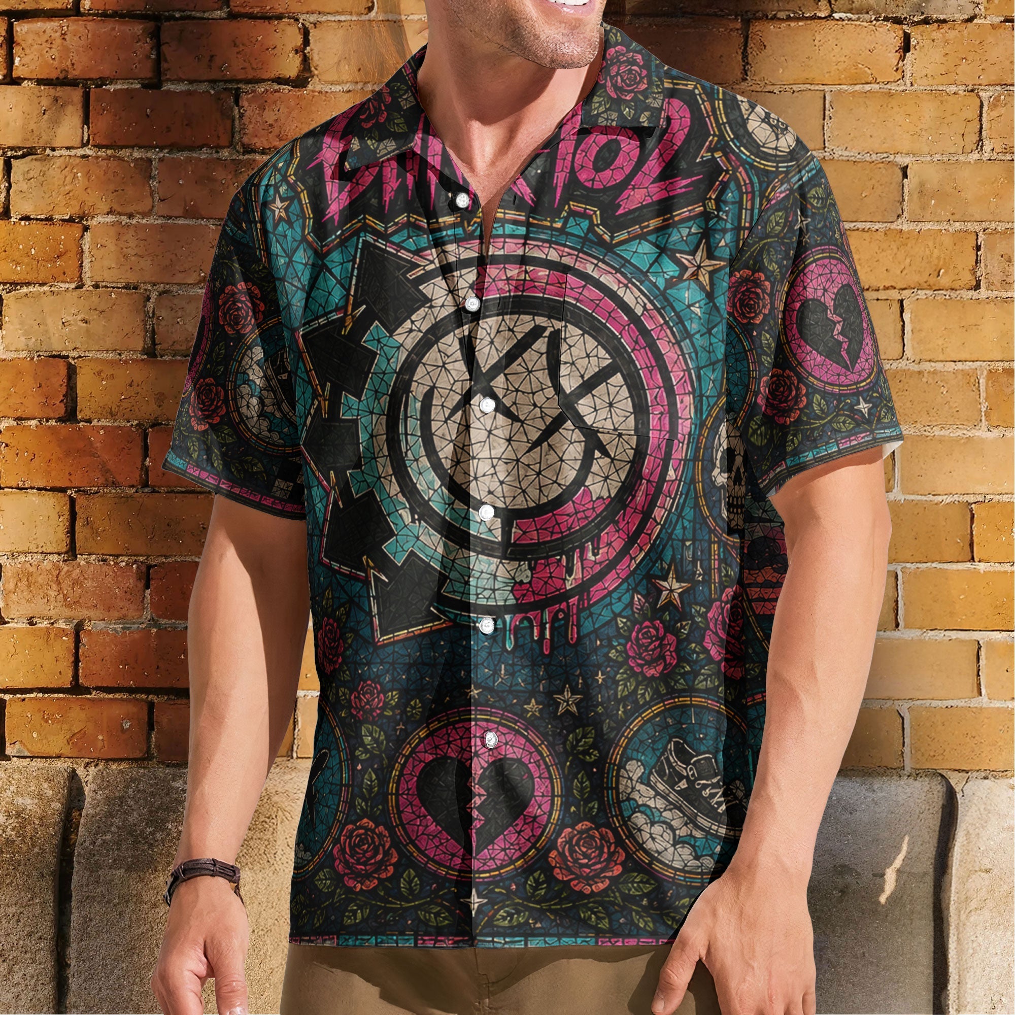 Blink 182 Gothic Stained Glass Hawaiian Shirt - Unisex Alternative Rock Concert Summer Button Up