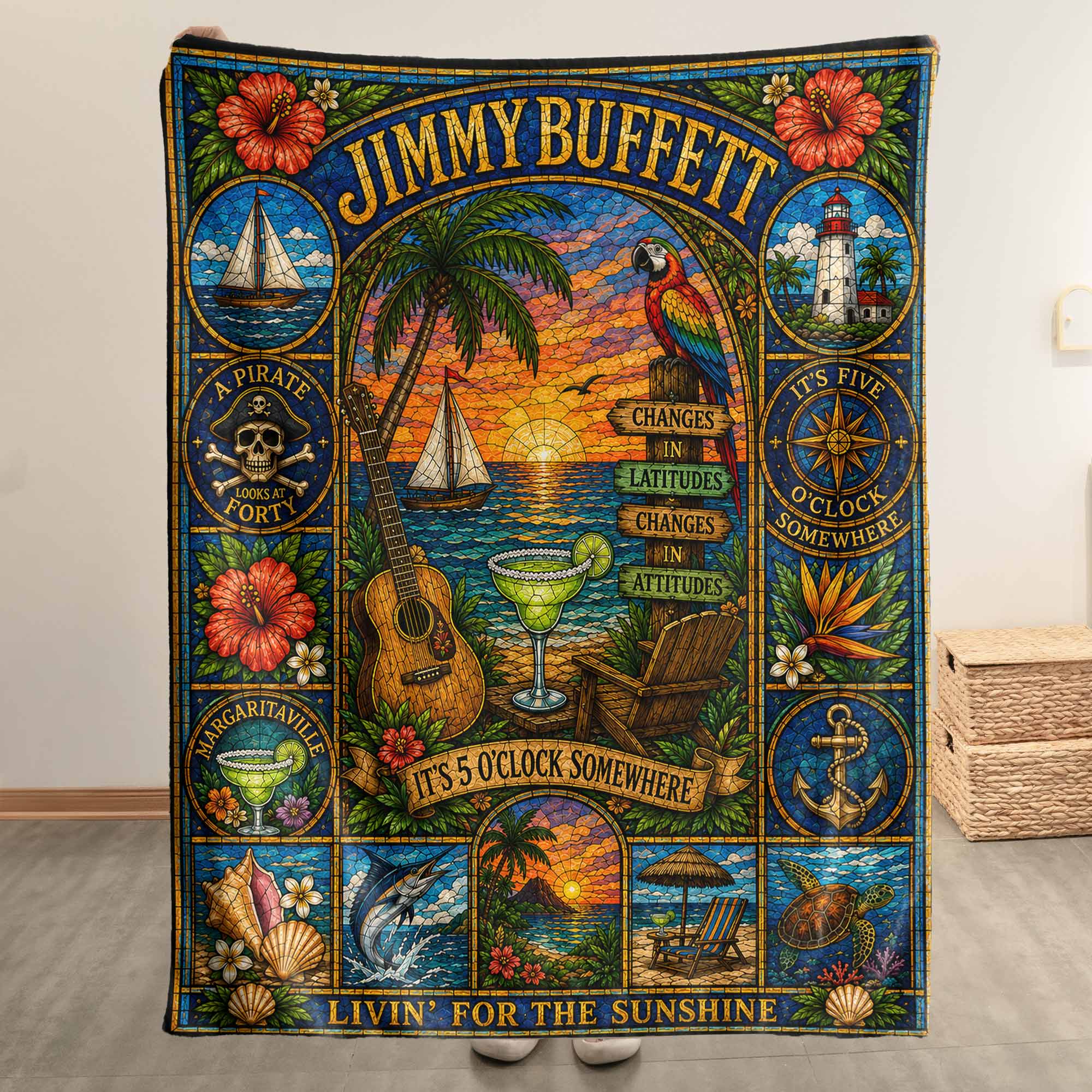 Jimmy Buffett Sherpa Blanket Margaritaville Stained Glass Blanket