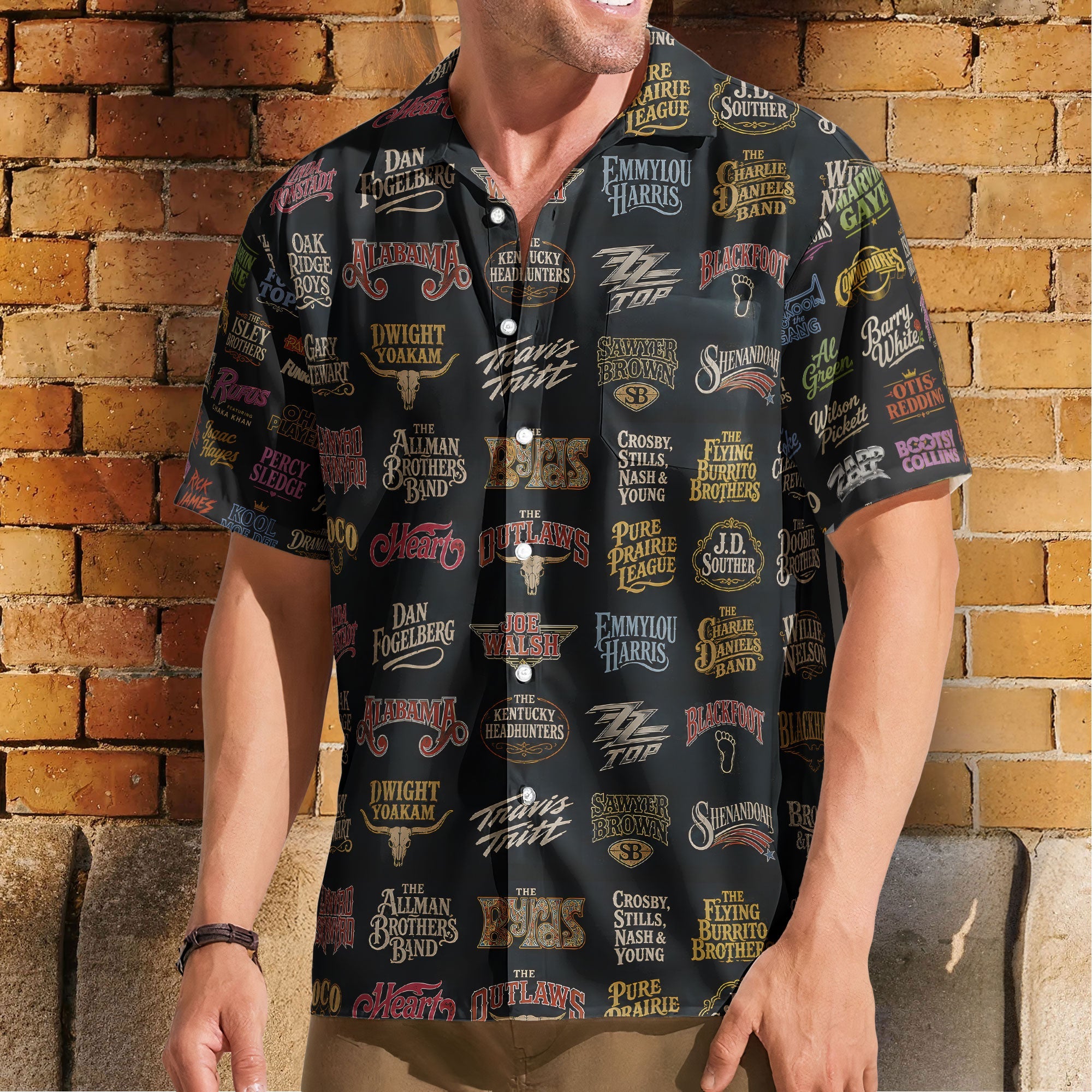 Country Rock Band Logos Hawaiian Shirt - Unisex Vintage Allman Brothers ZZ Top Black Beach Button Up
