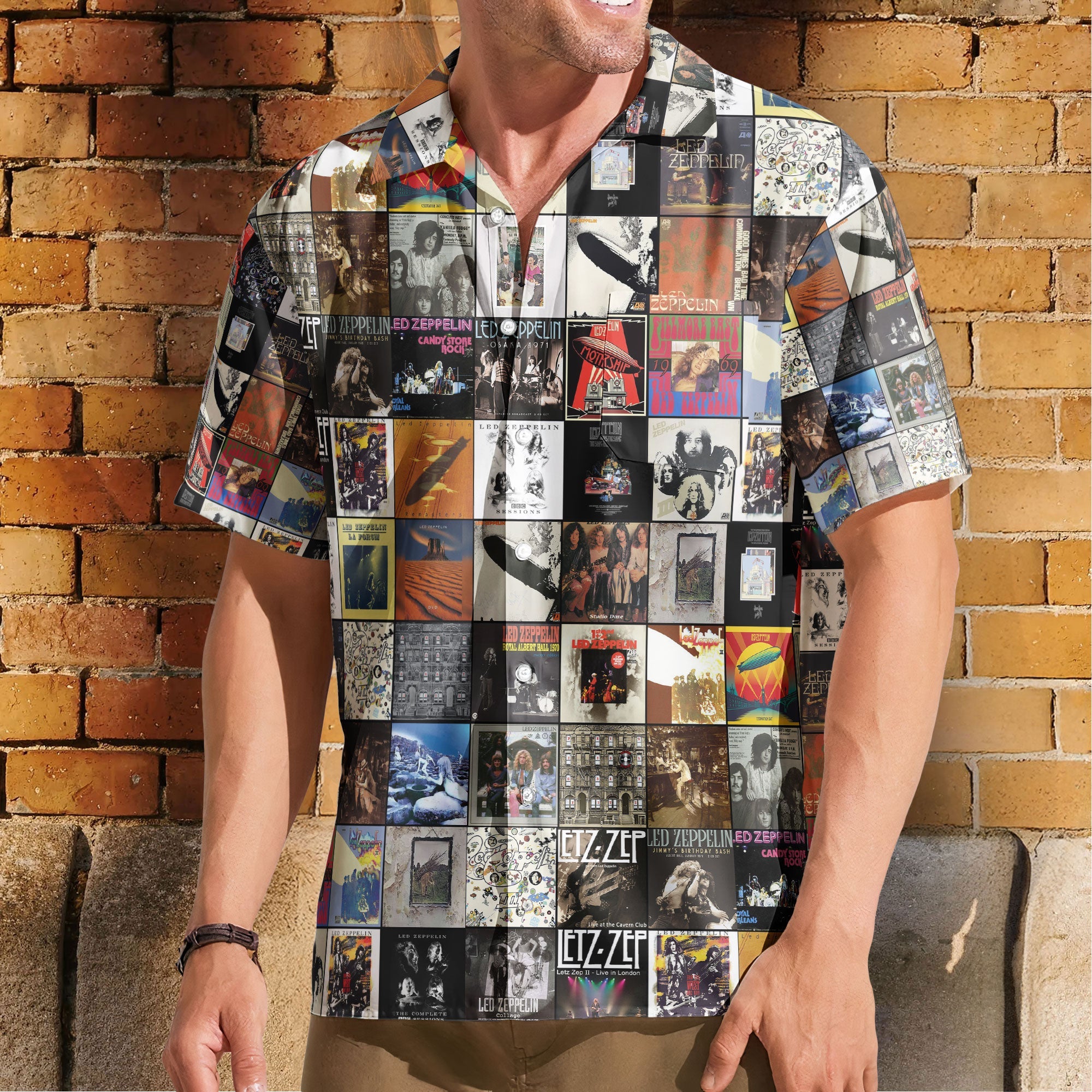 Led Zeppelin Album Cover Hawaiian Shirt - Unisex Retro Physical Graffiti Mothership Collage Grid Button Up