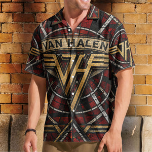 Van Halen Hawaiian Shirt - Unisex Retro Winged VH Logo Cathedral Window Button Up